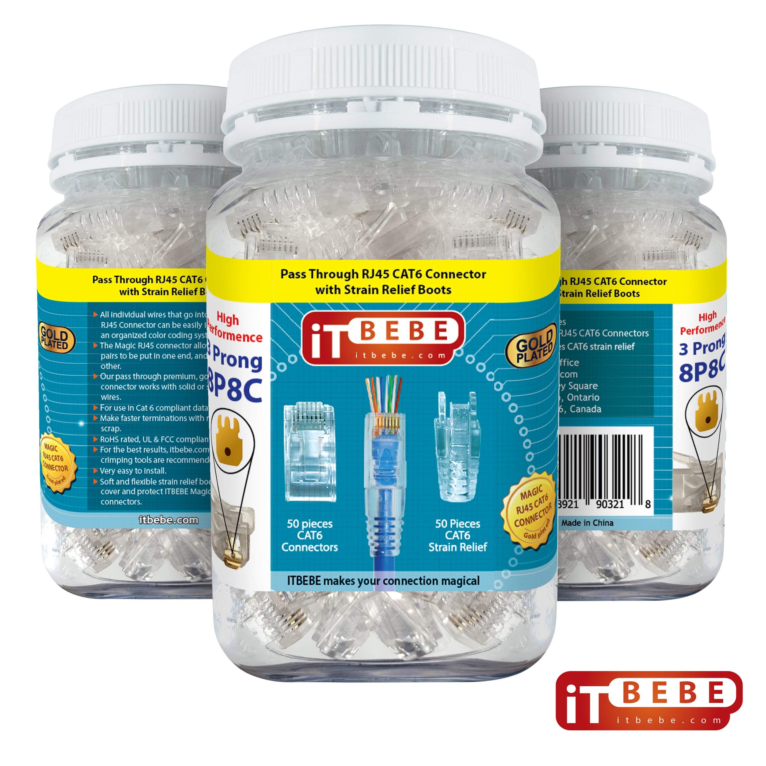 Itbebe Gold Plated Pass Through Rj45 Cat6 3 Prong Connectors And Cable Strain Relief 50/50 Kit For Clean, Snag Free Patch Cords