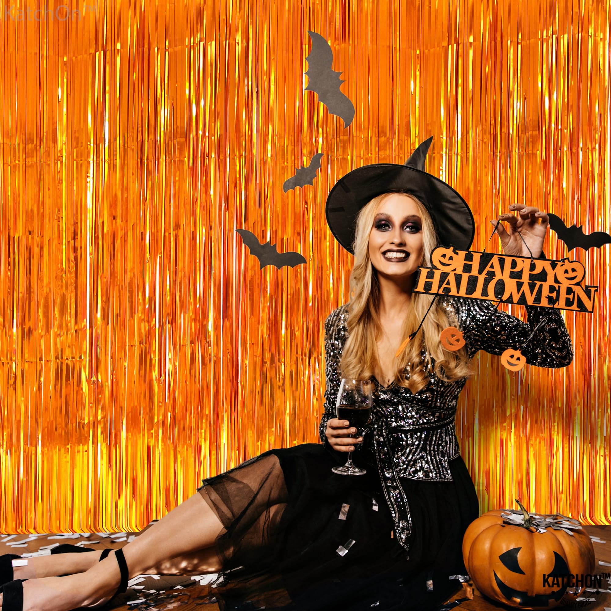 Katchon, Orange Fringe Backdrop Curtain   3.2X8 Feet, Pack Of 2 | Orange Backdrop, Orange Streamers | Halloween Backdrop For Hal