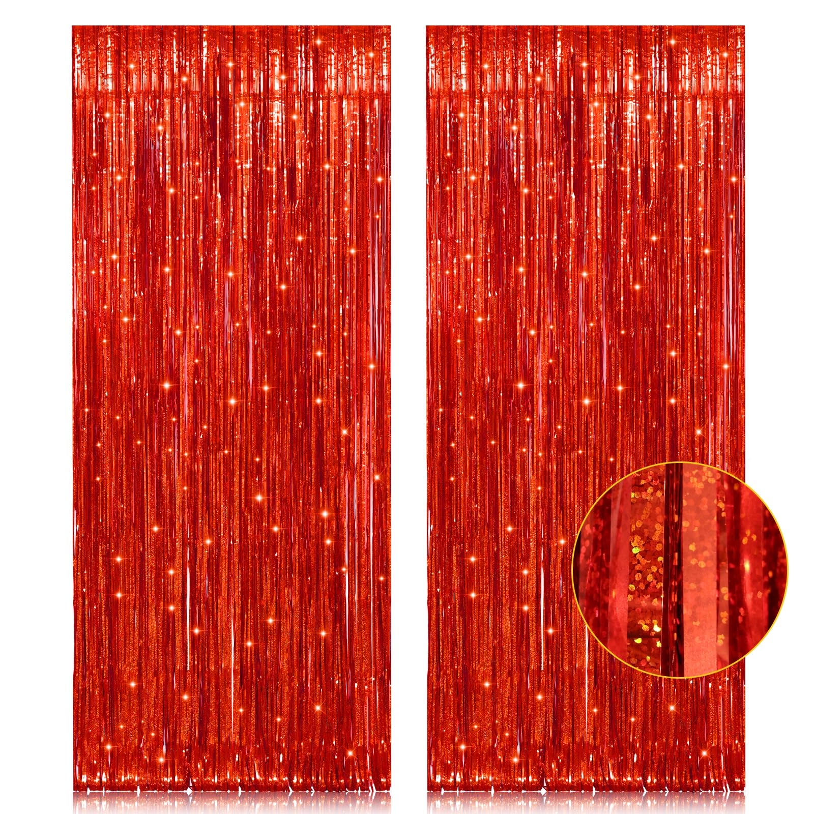 2 Pack 3.2Ft X 8.2Ft Red Foil Fringe Curtain, Glitter Metallic Tinsel Foil Fringe Curtains Photo Booth Backdrop Tinsel Door Curt