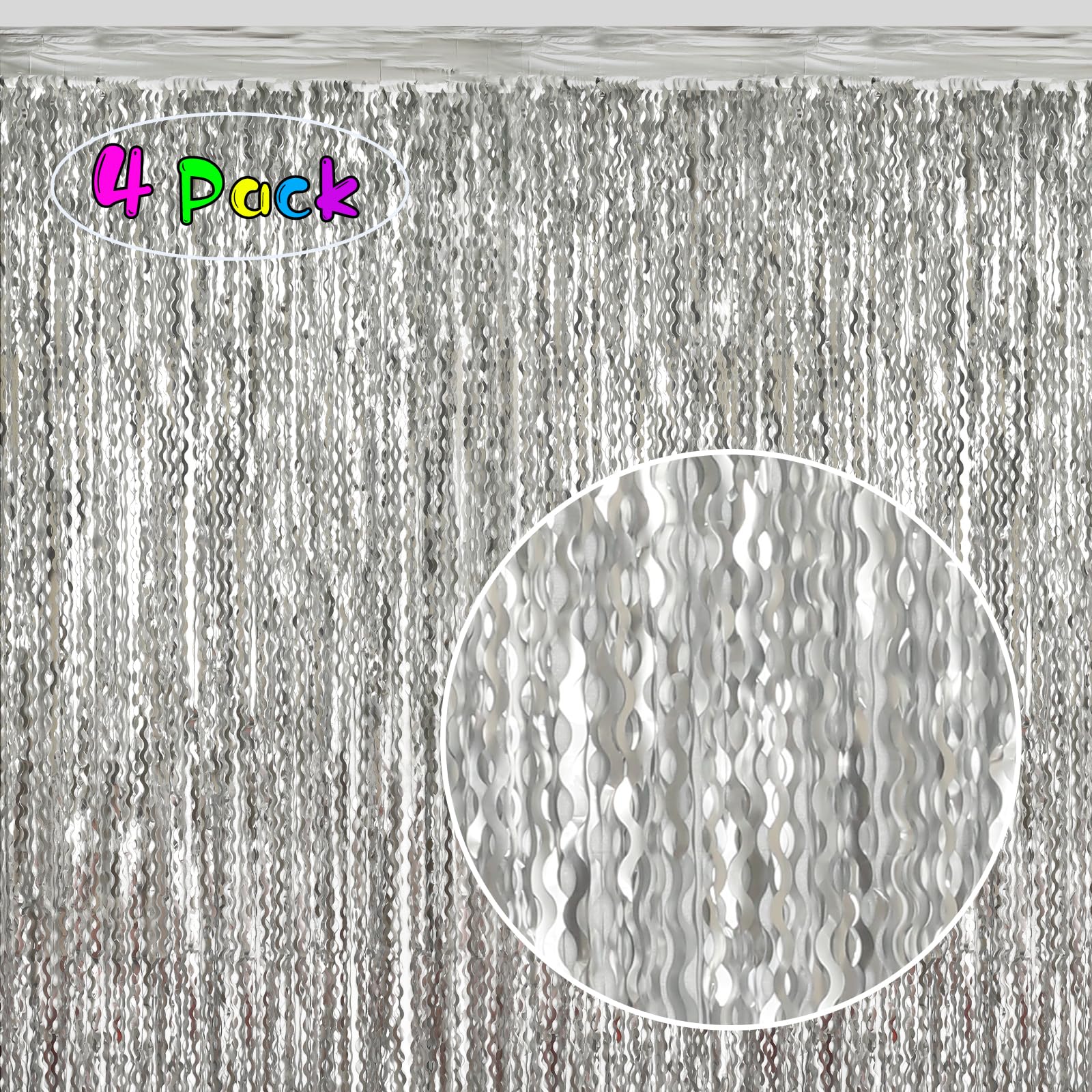 4 Pack 3.3X6.6Ft Silver Foil Fringe Backdrop   Wavy Metallic Tinsel Foil Curtains Photo Booth Backdrop For Birthday Wedding Holi
