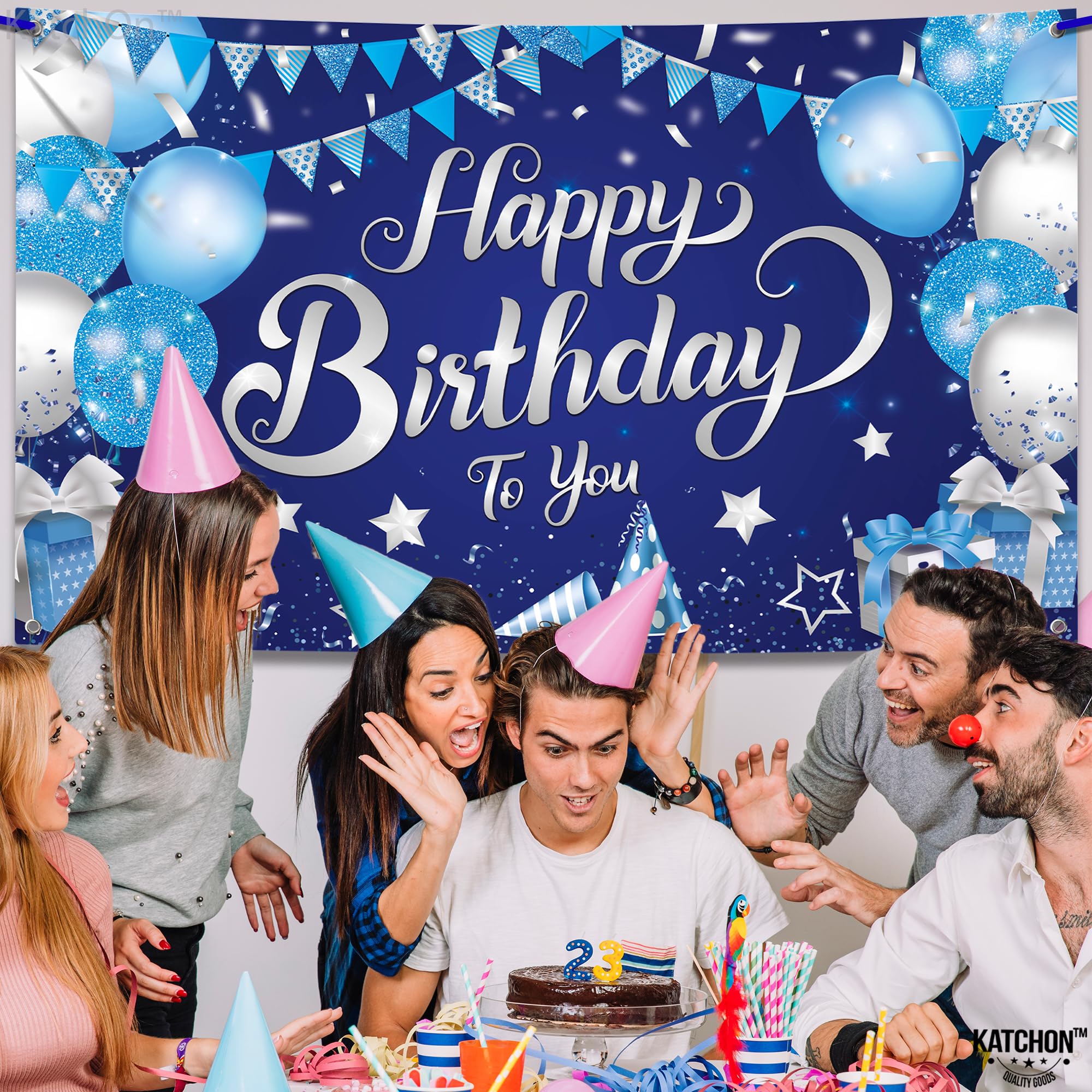 Katchon, Silver And Blue Happy Birthday Banner   Xtralarge, 72X44 Inch | Blue Happy Birthday Backdrop | Blue Birthday Banner For