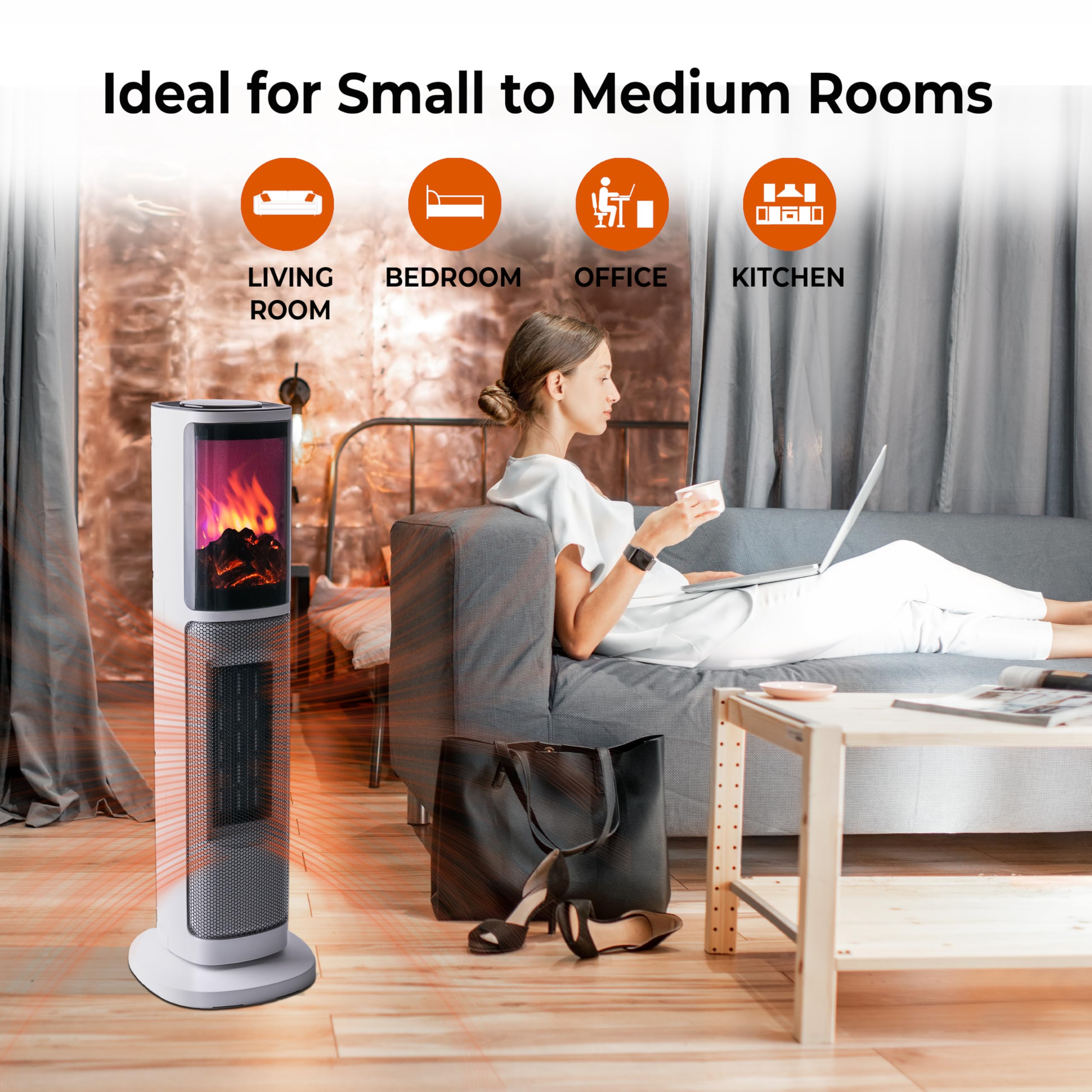 Comfort Zone Space Heaters For Indoor Use, 25 Inch, 3D Flame, 8H Timer, 75 Degree Oscillation, Remote Control, Adjustable Thermo