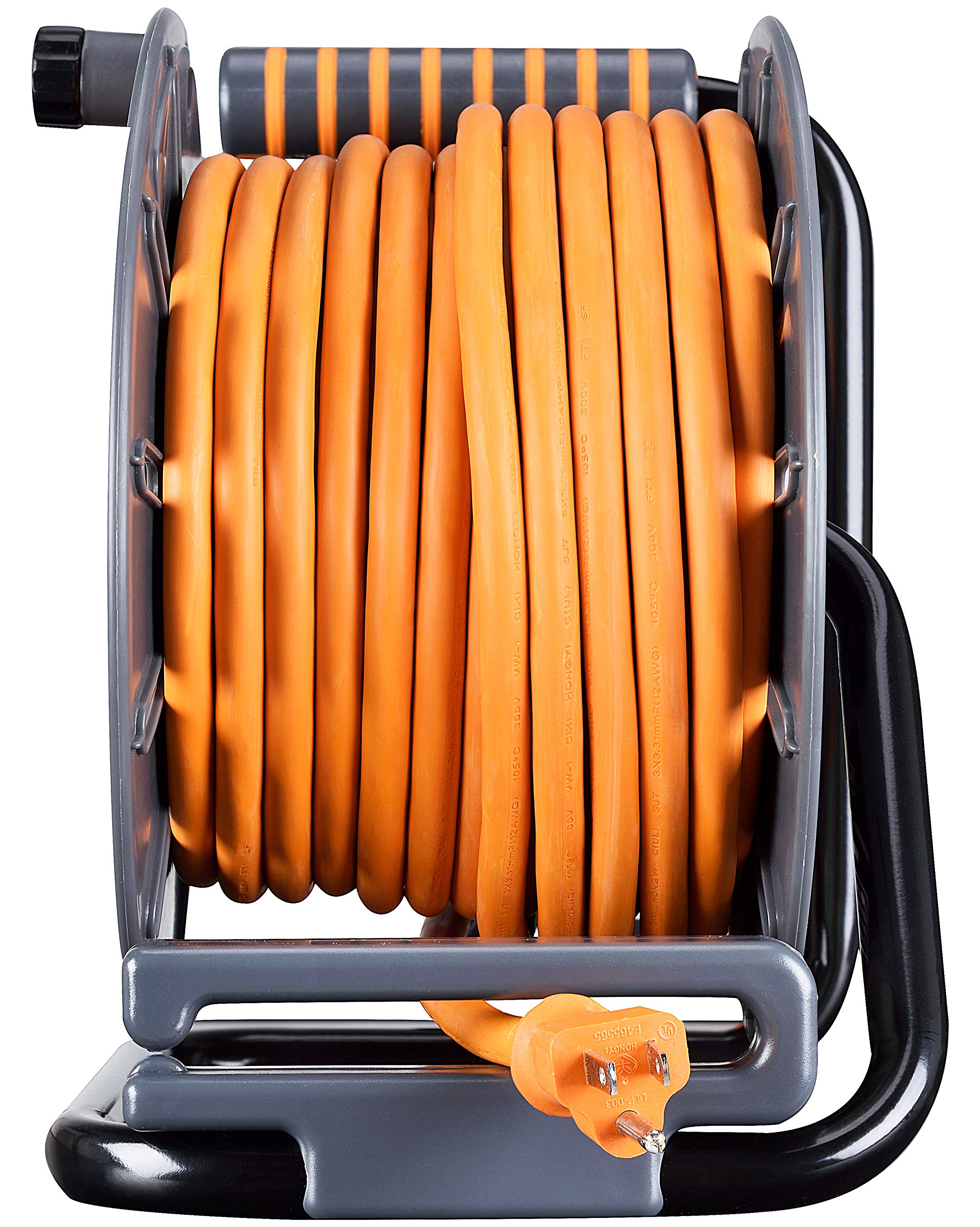 Masterplug 50Ft Cord Reel, Retractable Extension Lead With Winding Handle, Safety Overload Circuit Breaker And Power Switch, 4X