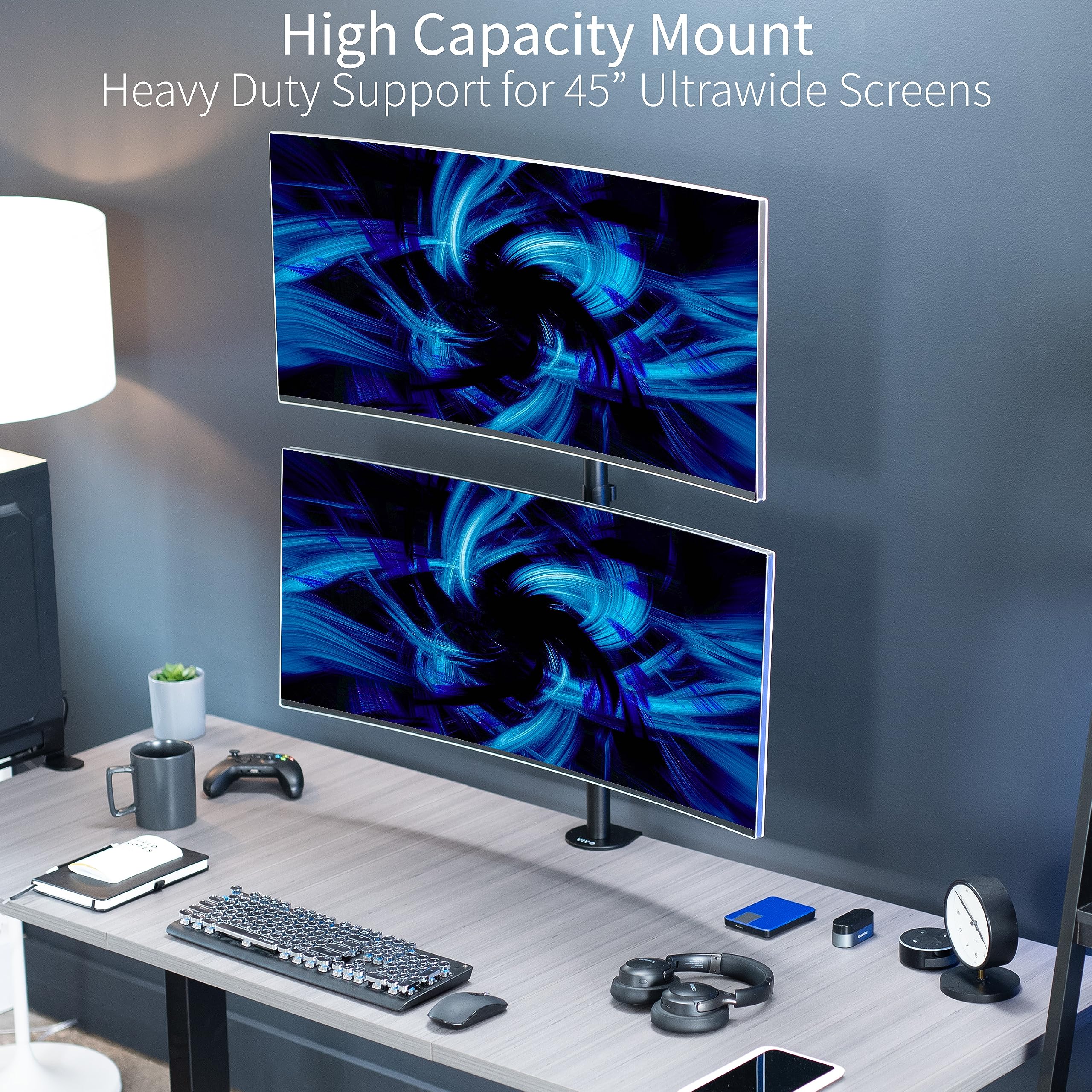 VIVO Dual Vertically Stacked Ultra Wide Monitor Desk Mount, Extra Tall Heavy Duty Adjustable Stand for 2 Ultrawide Screens up to 45 inches, 25 lbs Per Screen Capacity, Black, STAND V200R