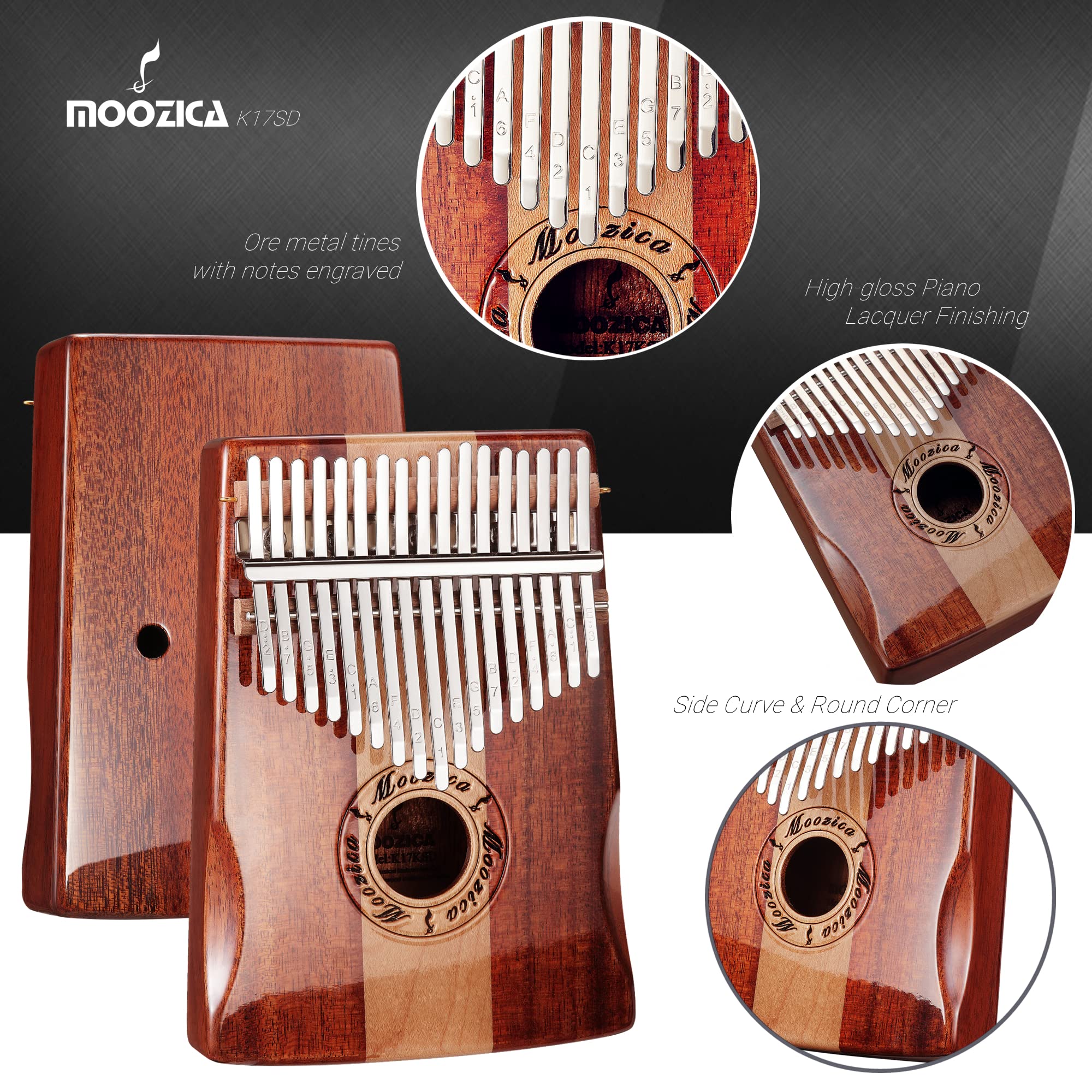 Moozica 17 Keys Kalimba Marimba, Professional Thumb Piano Sanza Mbira Musical Instrument Gift (Koa K17Sd)