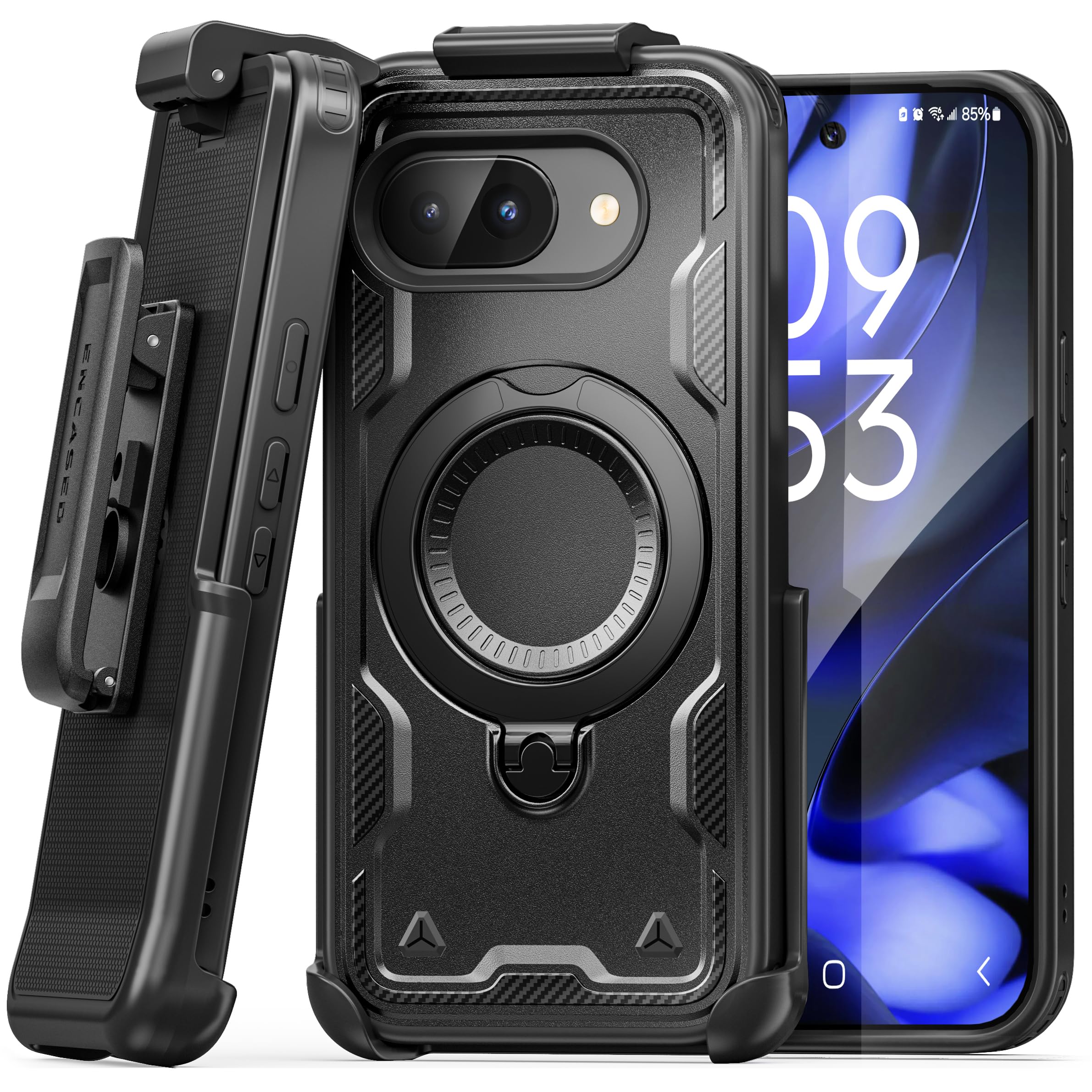 Encased for Google Pixel 9a Case with Belt Clip - Dual-Layer Phone Case with Rotating Magnetic Kickstand and Holster, Black (Com