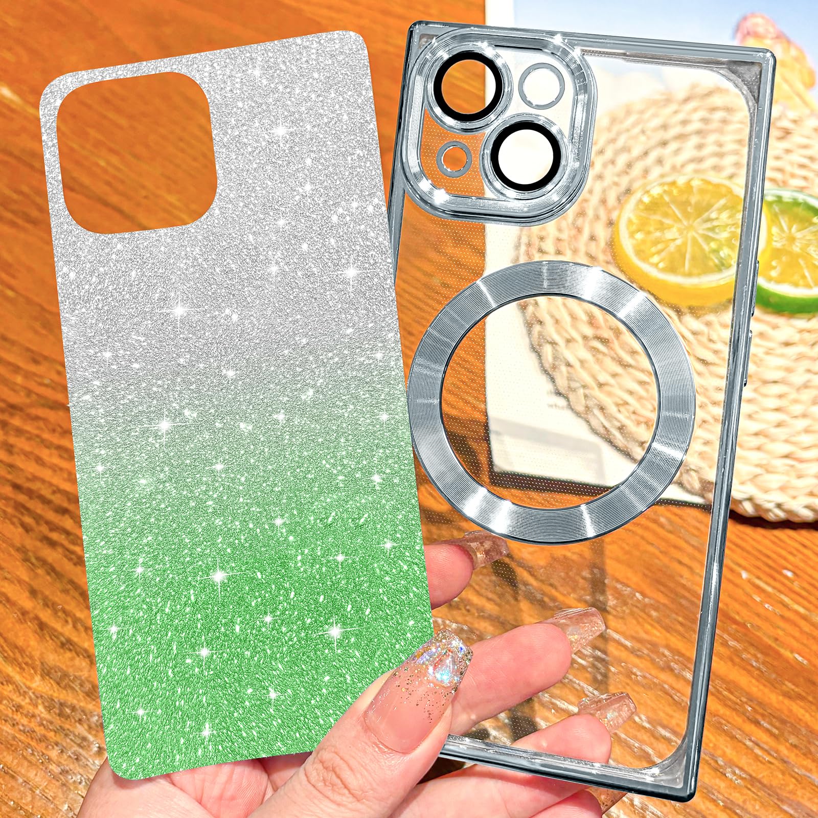 Hython For Iphone 15 Case Clear Magnetic Glitter Phone Cases [Compatible With Magsafe] Full Camera Lens Protector Gradient Spark