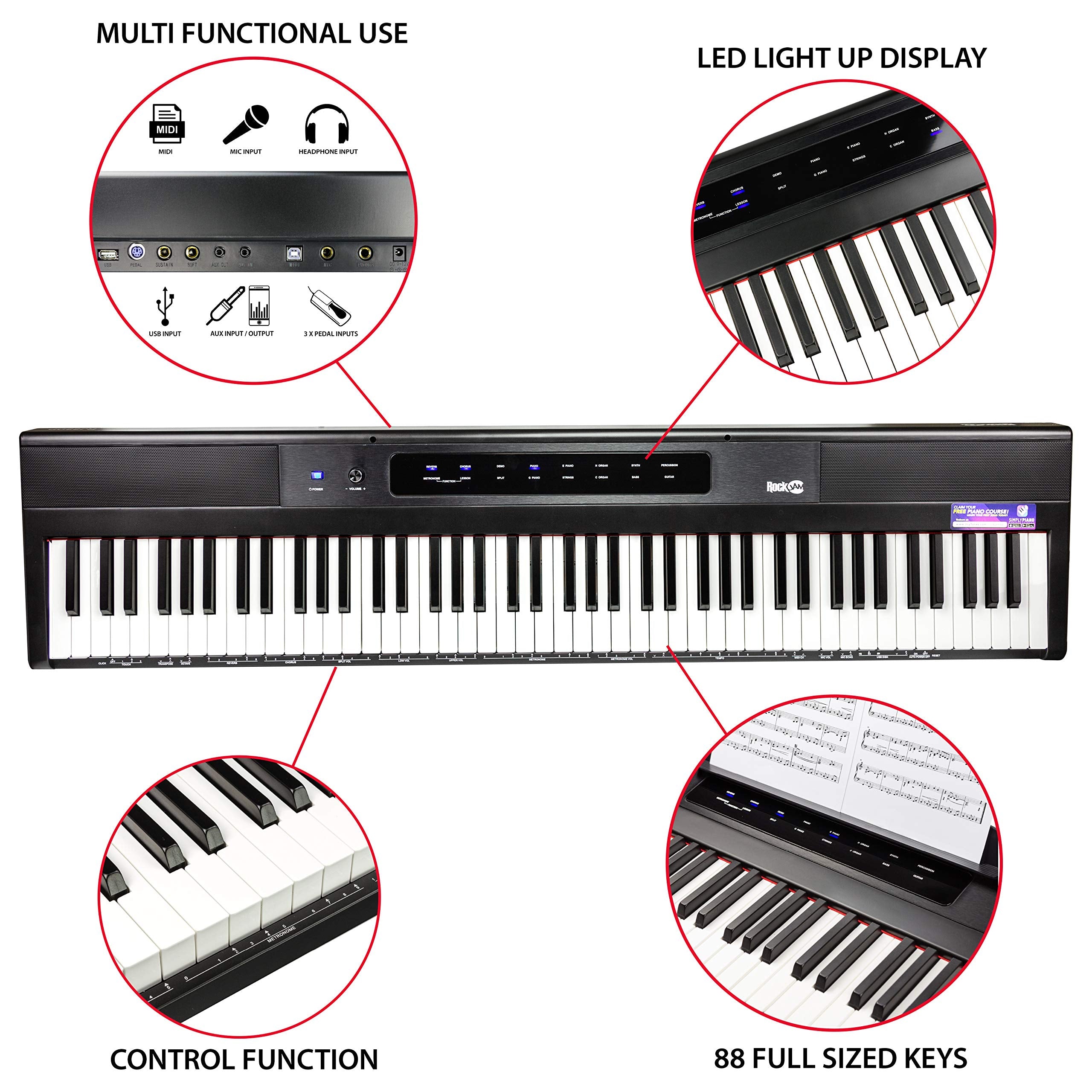 Rockjam 88 Key Digital Piano Keyboard Piano With Full Size Semi Weighted Keys, Power Supply, Sheet Music Stand, Piano Note Stick