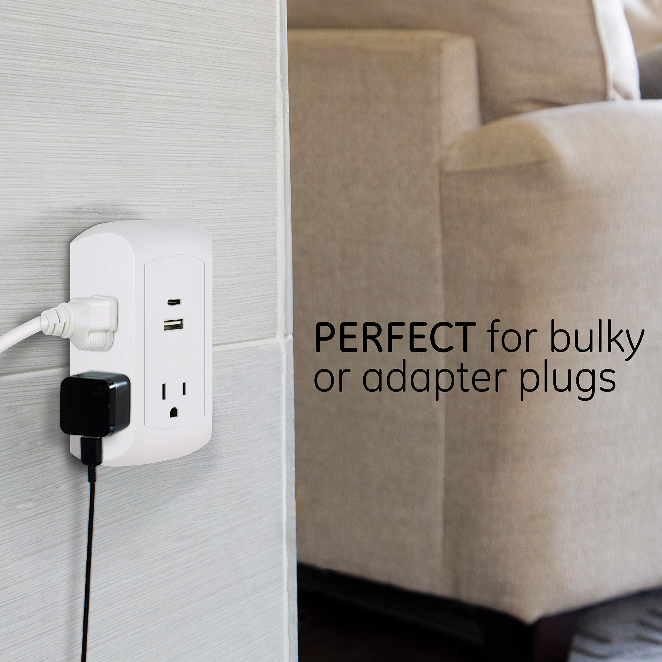 Ge Ultrapro 5 Outlet Extender With Usb And Usb C Port, Surge Protector, Spaced Wall Tap, Side Access, Charging Station, For Ipho