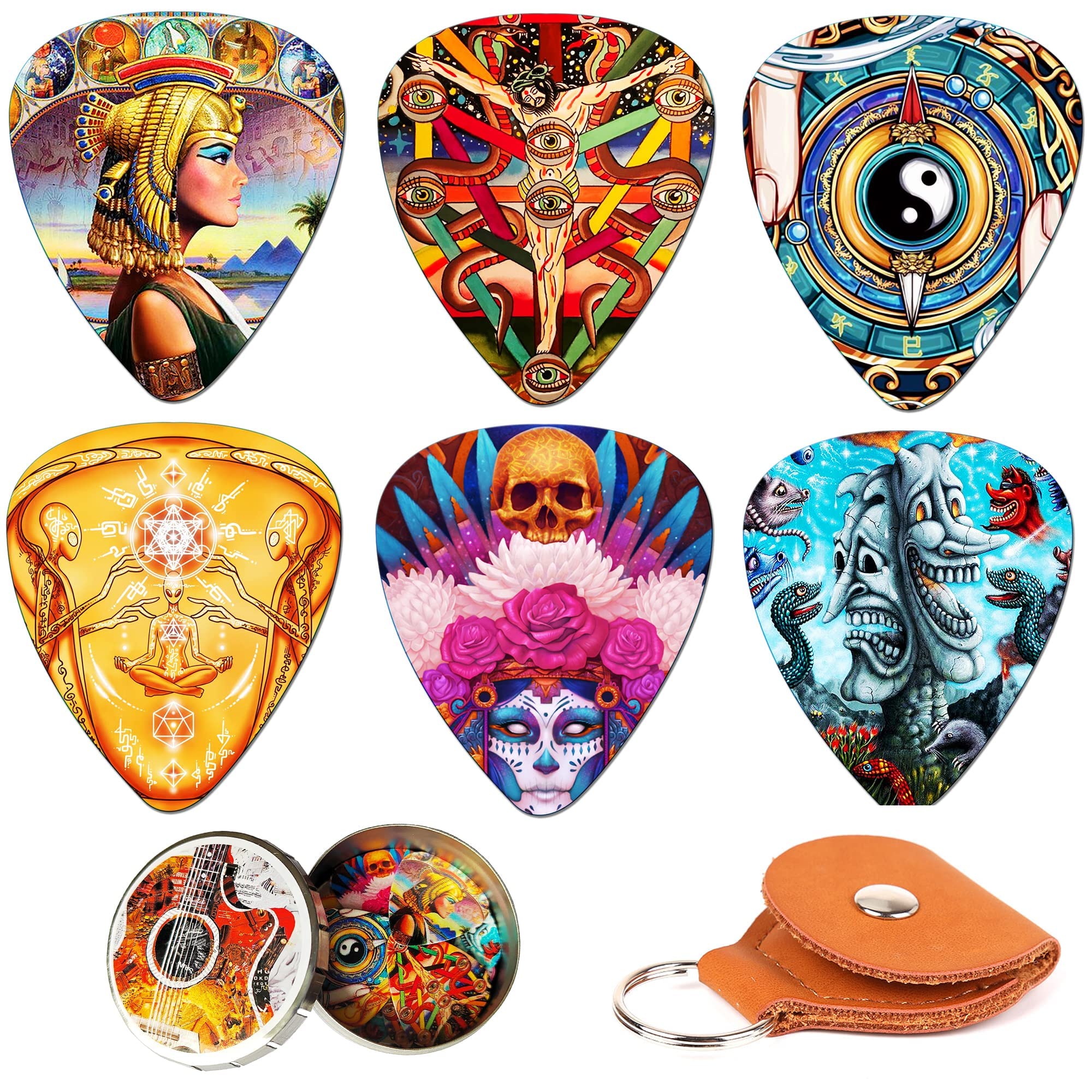 Thivenny Guitar Picks 12 Medium Pack With Leather Picks Holder And Tin Box,Unique Artistic Celluloid Guitar Pick For Bass Electr