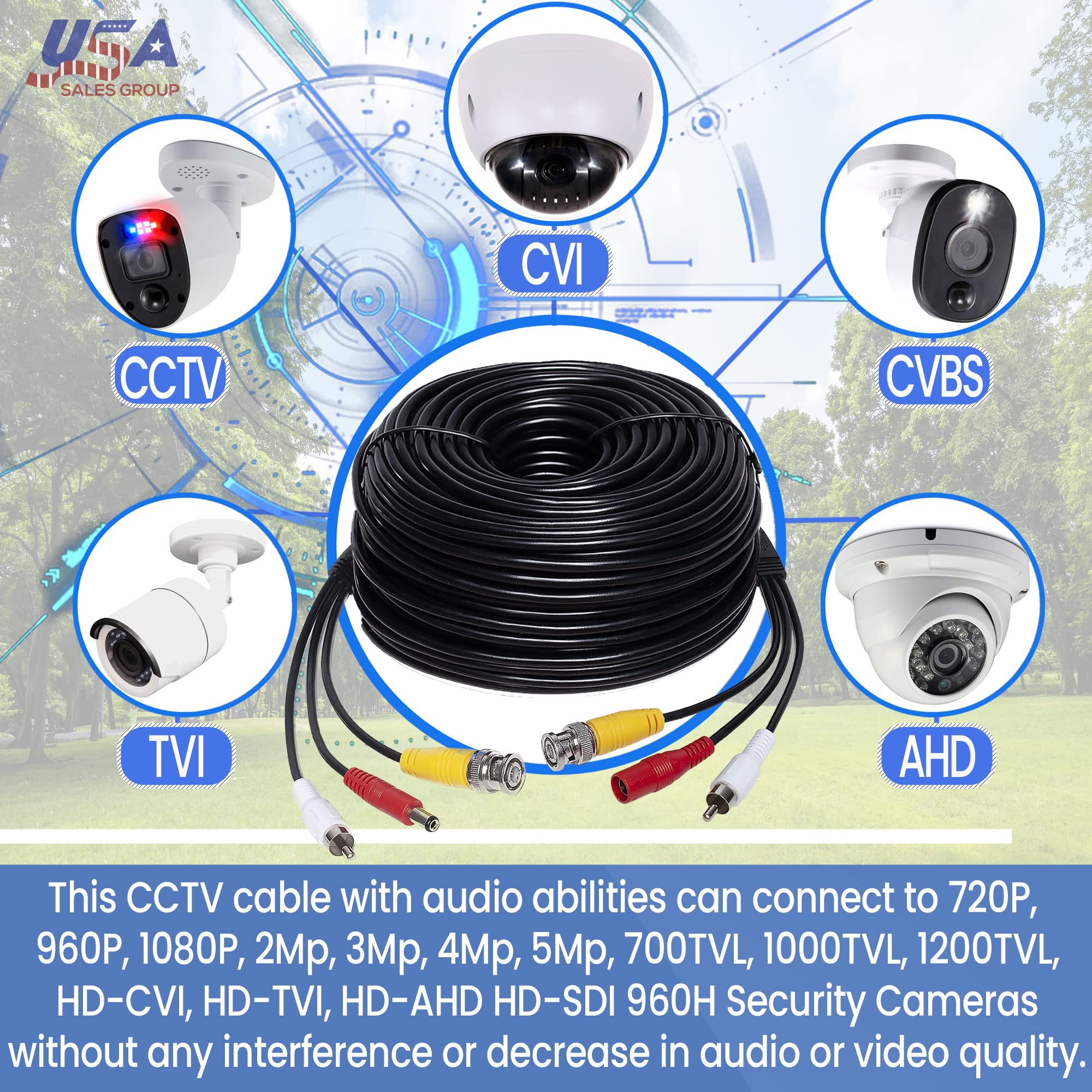 Usa Sales Group 100Ft Hd Audio Video Power Security Camera Cable Copper For Cctv Dvr Surveillance System, Wire Rca Cord Extensio