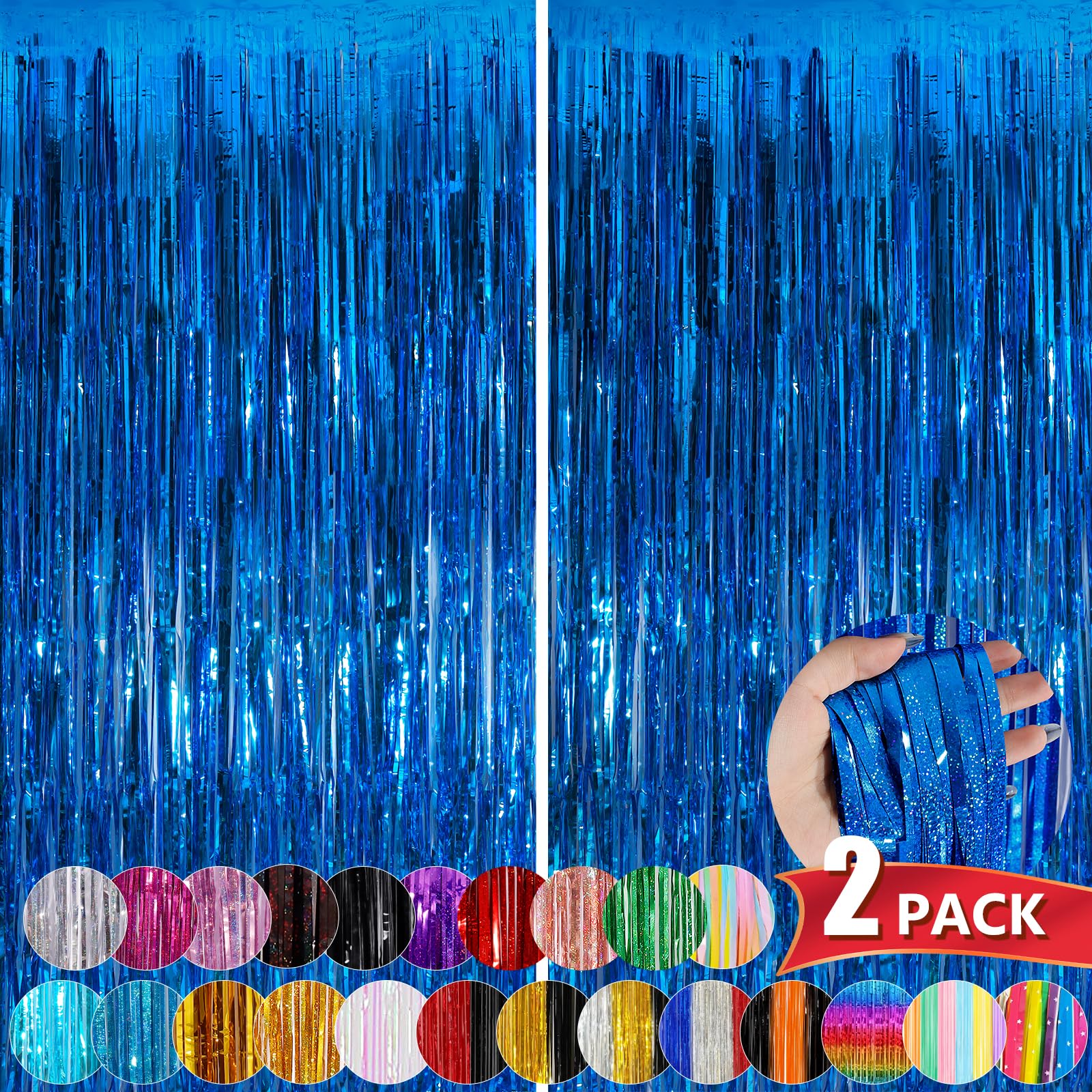 Blue Metallic Tinsel Foil Fringe Curtains, 2 Pack 3.3X8.3 Feet Party Streamer Curtains For Birthday Party Decorations, Halloween