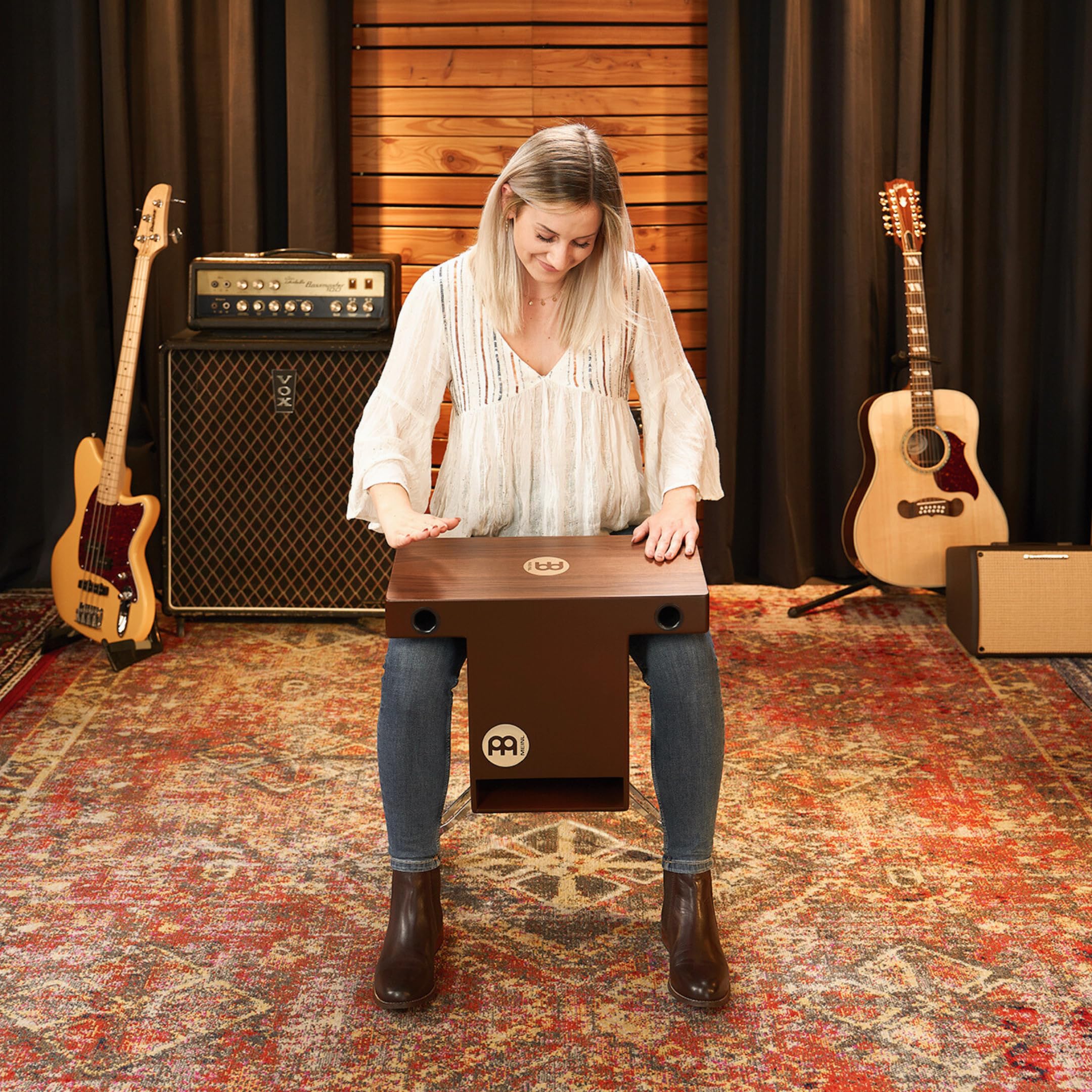 Meinl Slaptop Cajon Box Drum With Internal Snares And Forward Projecting Sound Ports   Not Made In China   Walnut Playing Surfac