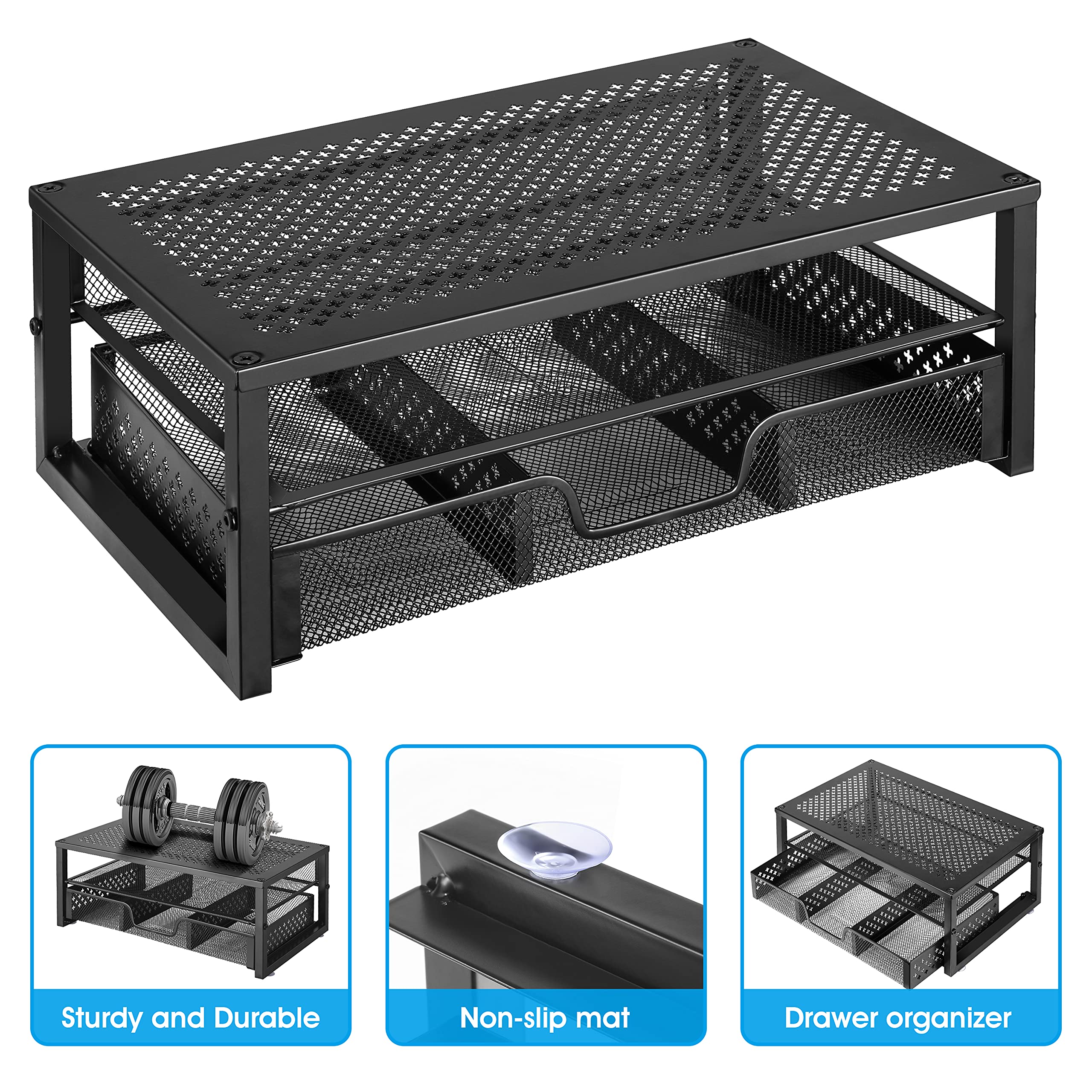 Simple Trending 2 Pack 2 Tier Metal Monitor Riser Stand And Computer Desk Organizer With Drawer, Black