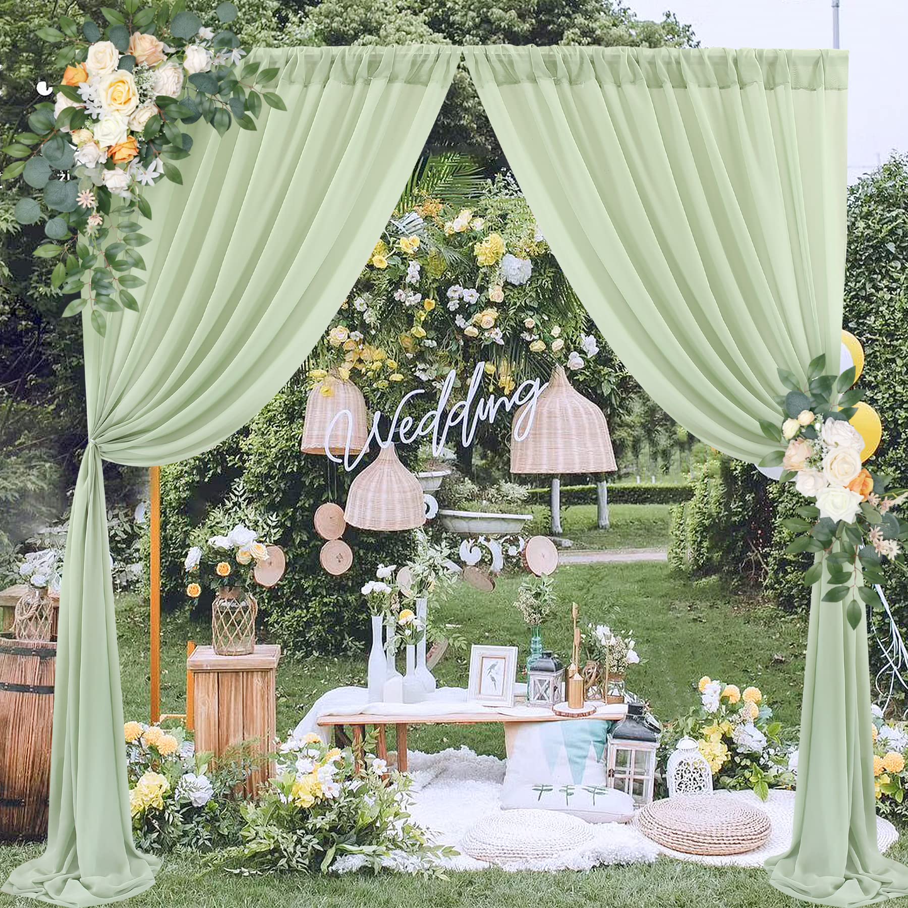 Wedding Arch Draping Fabric,1 Panel 18Ft Sage Green Wedding Arch Drapes Chiffon Fabric Drapery Wedding Arch Decorations For Cere