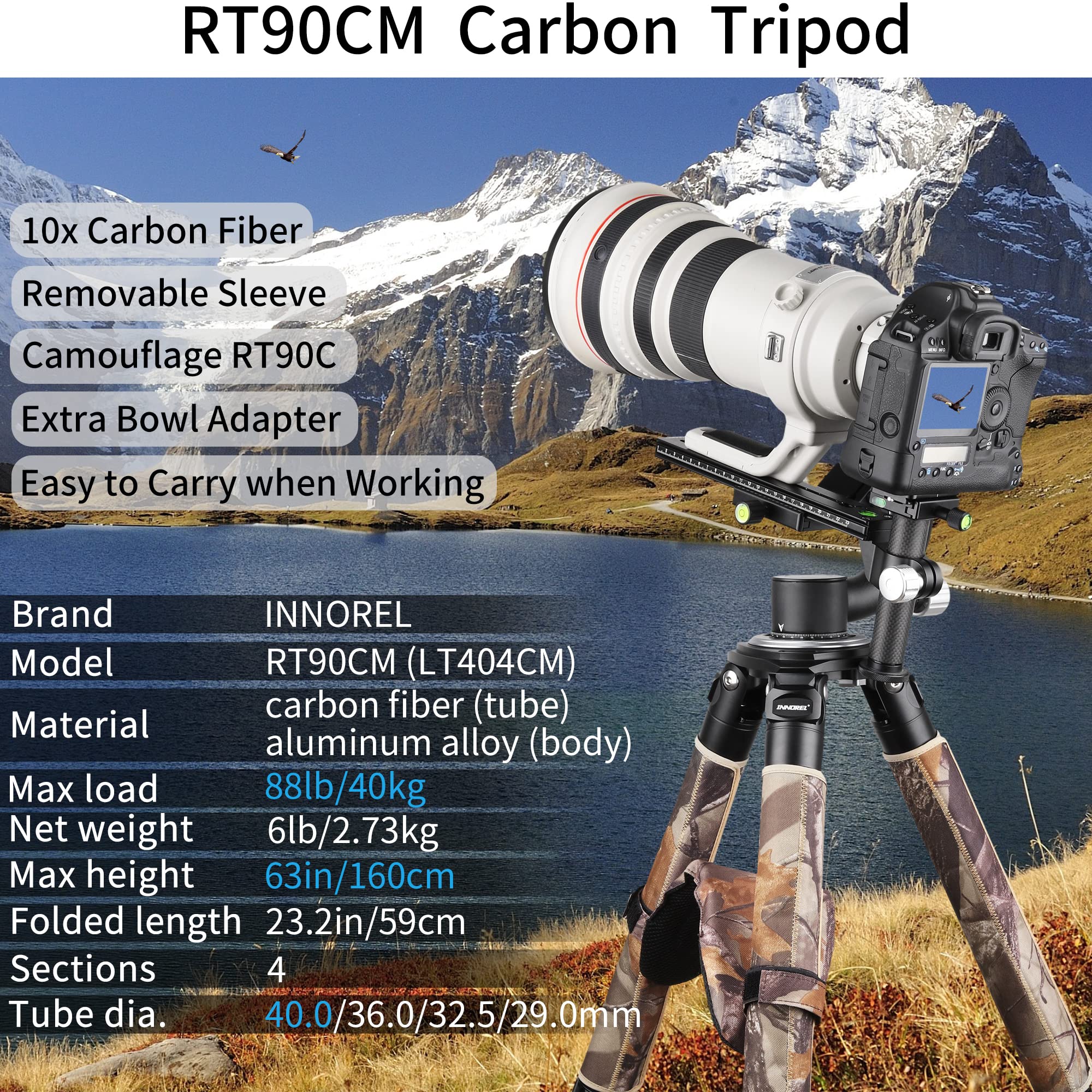 Carbon Fiber Bowl Tripod Innorel Rt90Cm Heavy Duty Bowl Tripod With 75Mm Bowl Adapter 40Mm Leg Tube Ultra Stable Professional Camera Tripod Max Load 88Lb/40Kg With Camouflage Sleeve