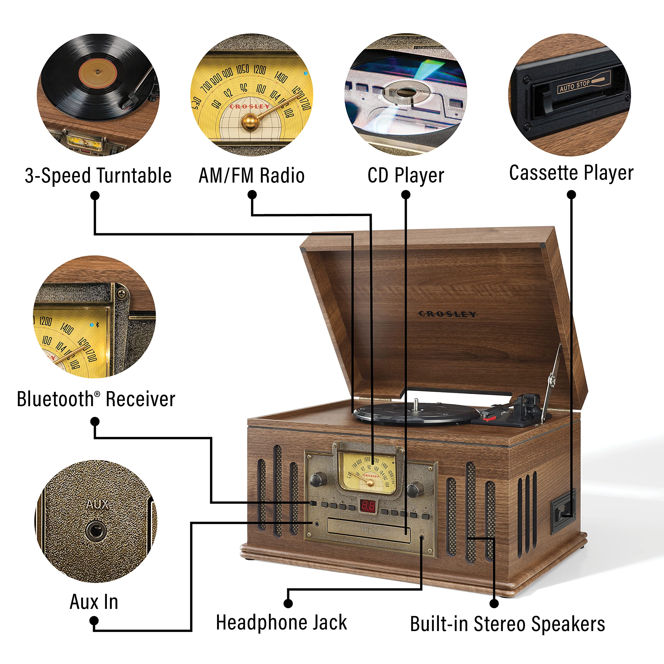 Crosley Cr704B Wa Musician 3 Speed Turntable With Radio, Cd/Cassette Player, Aux In And Bluetooth, Walnut