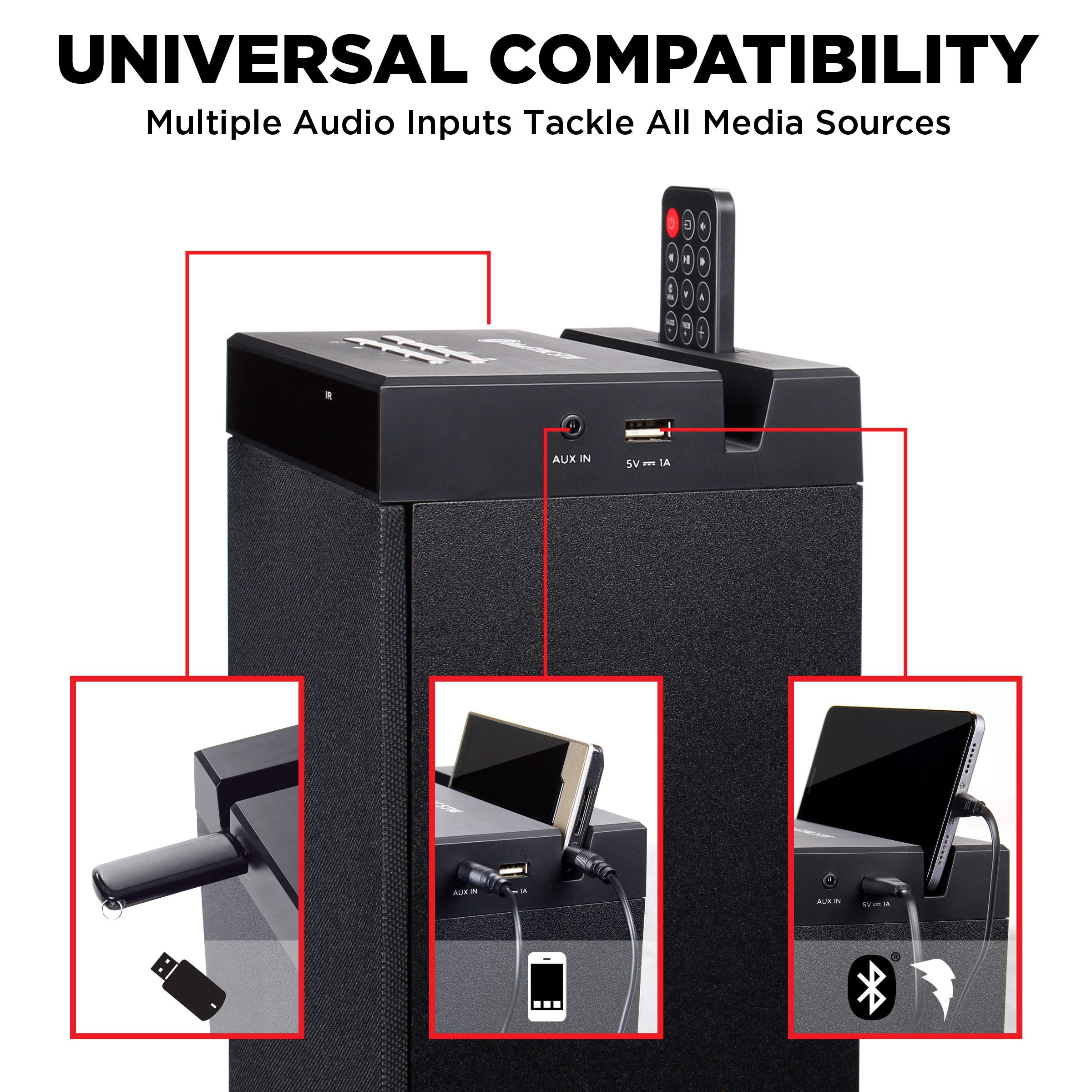 Gogroove Bluetooth Tower Speaker With Subwoofer Built In   Floorstanding Home Speaker With Powerful Bass And Dual Drivers, 120W