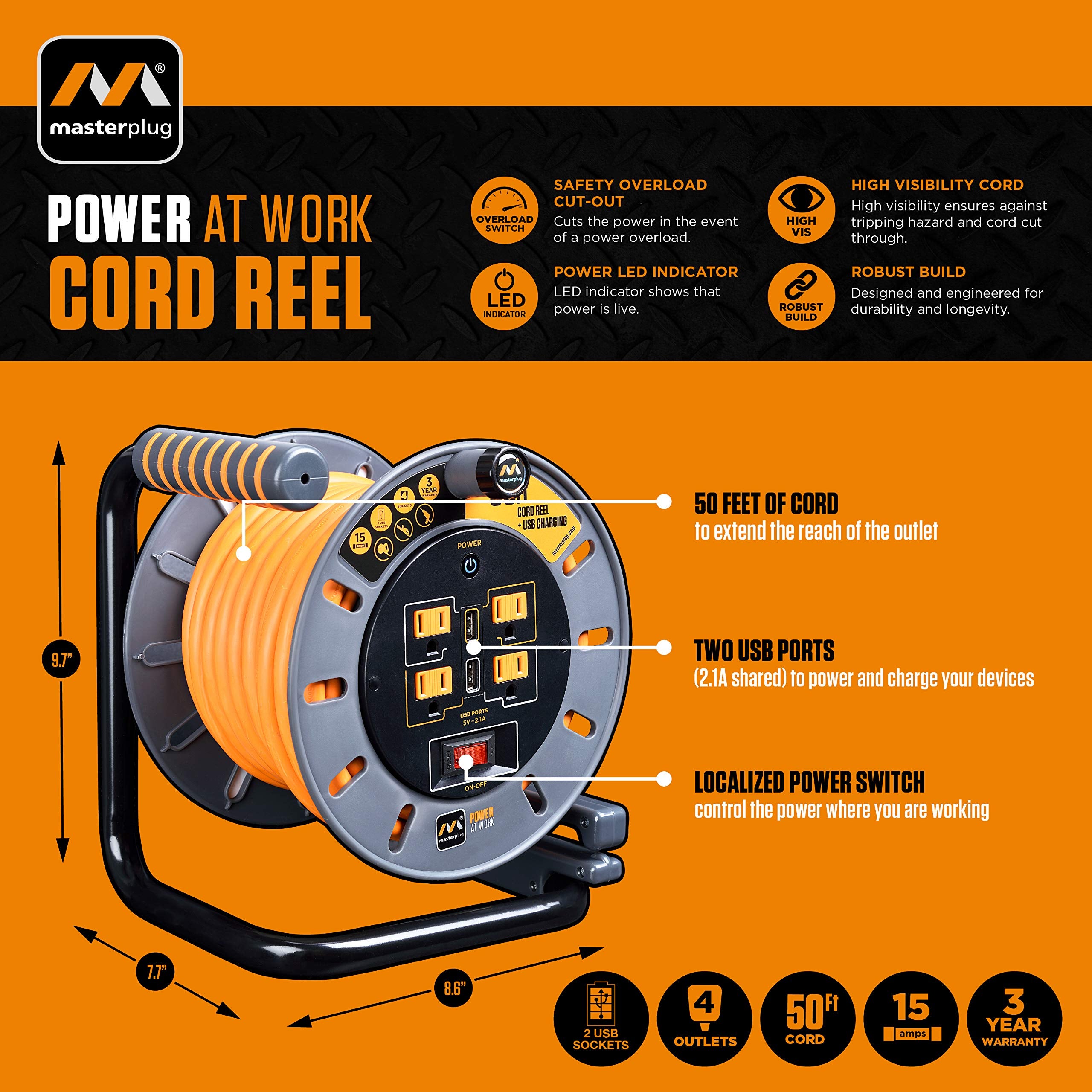 Masterplug 50Ft Cord Reel, Retractable Extension Lead With Winding Handle, Safety Overload Circuit Breaker And Power Switch, 4X