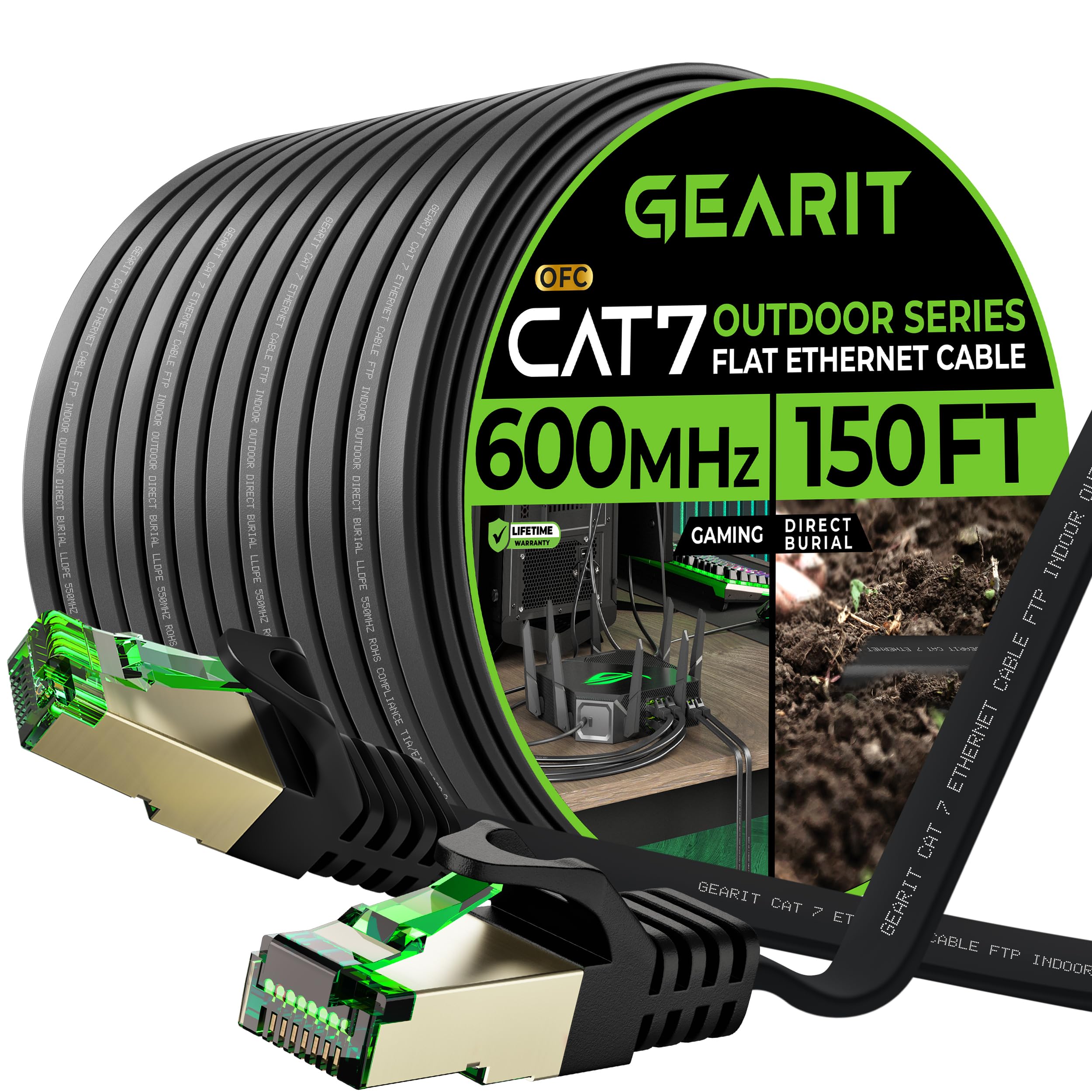 Gearit Cat 7 Outdoor Flat Ethernet Cable (150Ft, Black) Direct Burial Rated Lldpe Jacket   Indoor Cat7 Shielded Ftp 600Mhz 10Gbp