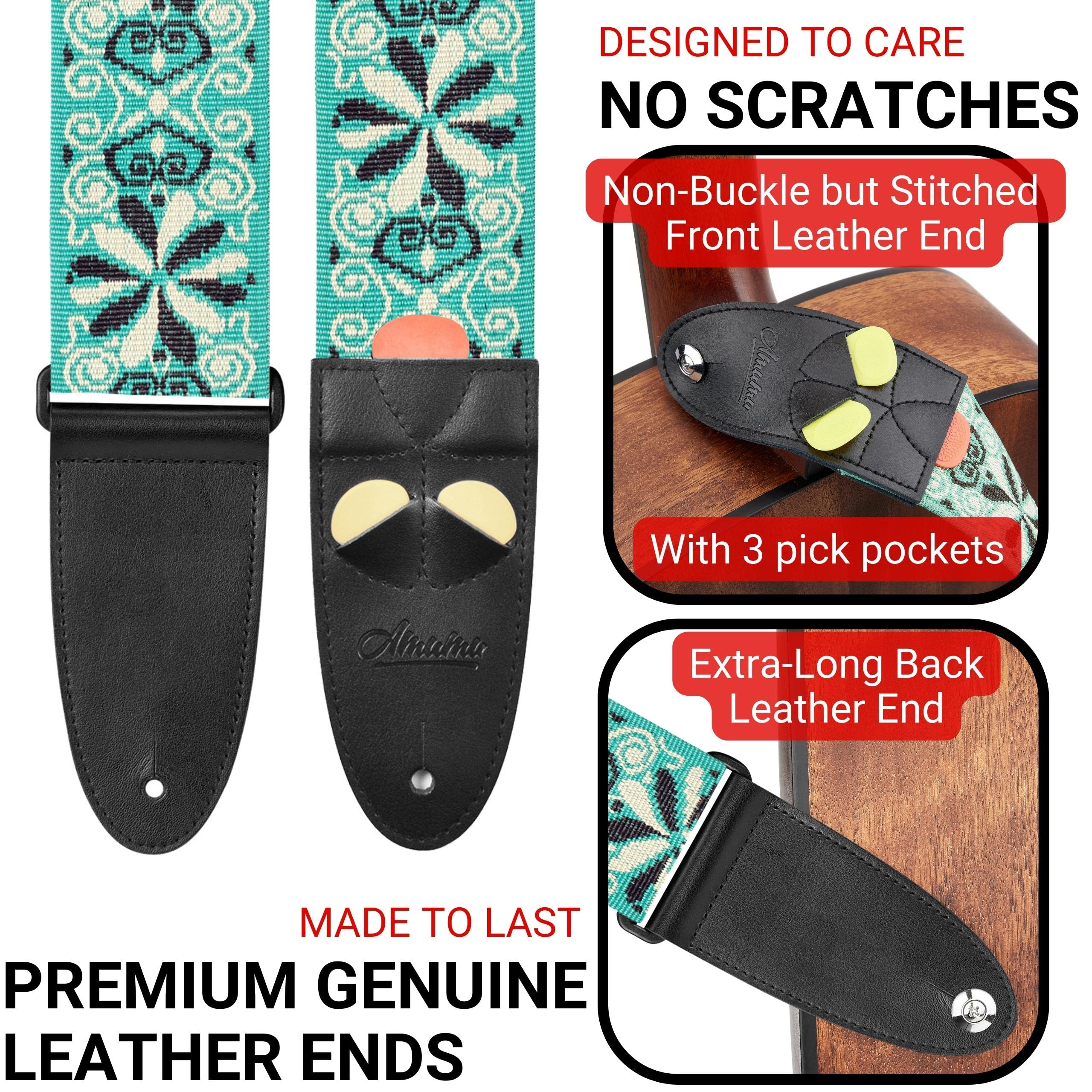 Amumu Hootenanny Jacquard Guitar Strap Green Polyester For Acoustic, Electric And Bass Guitars With Lace Tie