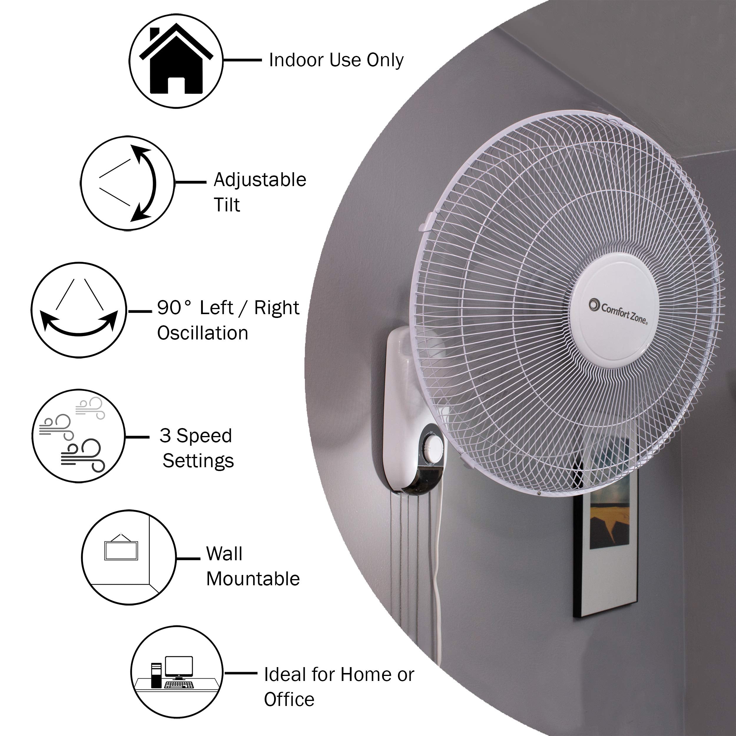 Comfort Zone Oscillating Wall Mount Fan With Adjustable Tilt, 16 Inch, 3 Speed, Metal Grille, 90 Degree Oscillation, Airflow 14.