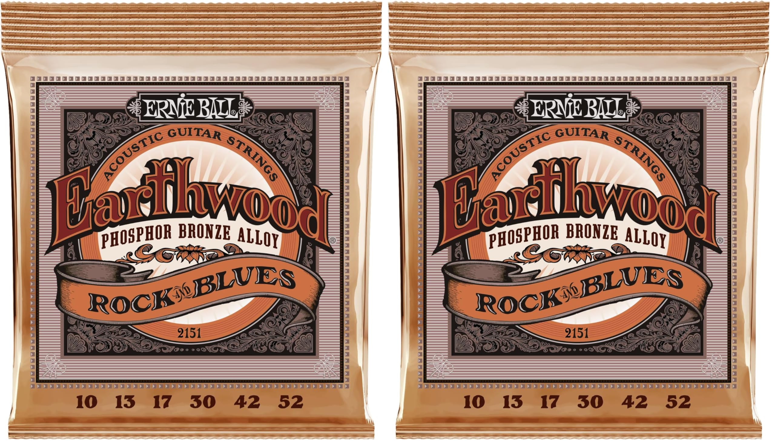 Ernie Ball Earthwood Rock & Blues Phosphor Bronze Acoustic Guitar Strings, 10-52 Gauge (P02151) (Pack of 2)