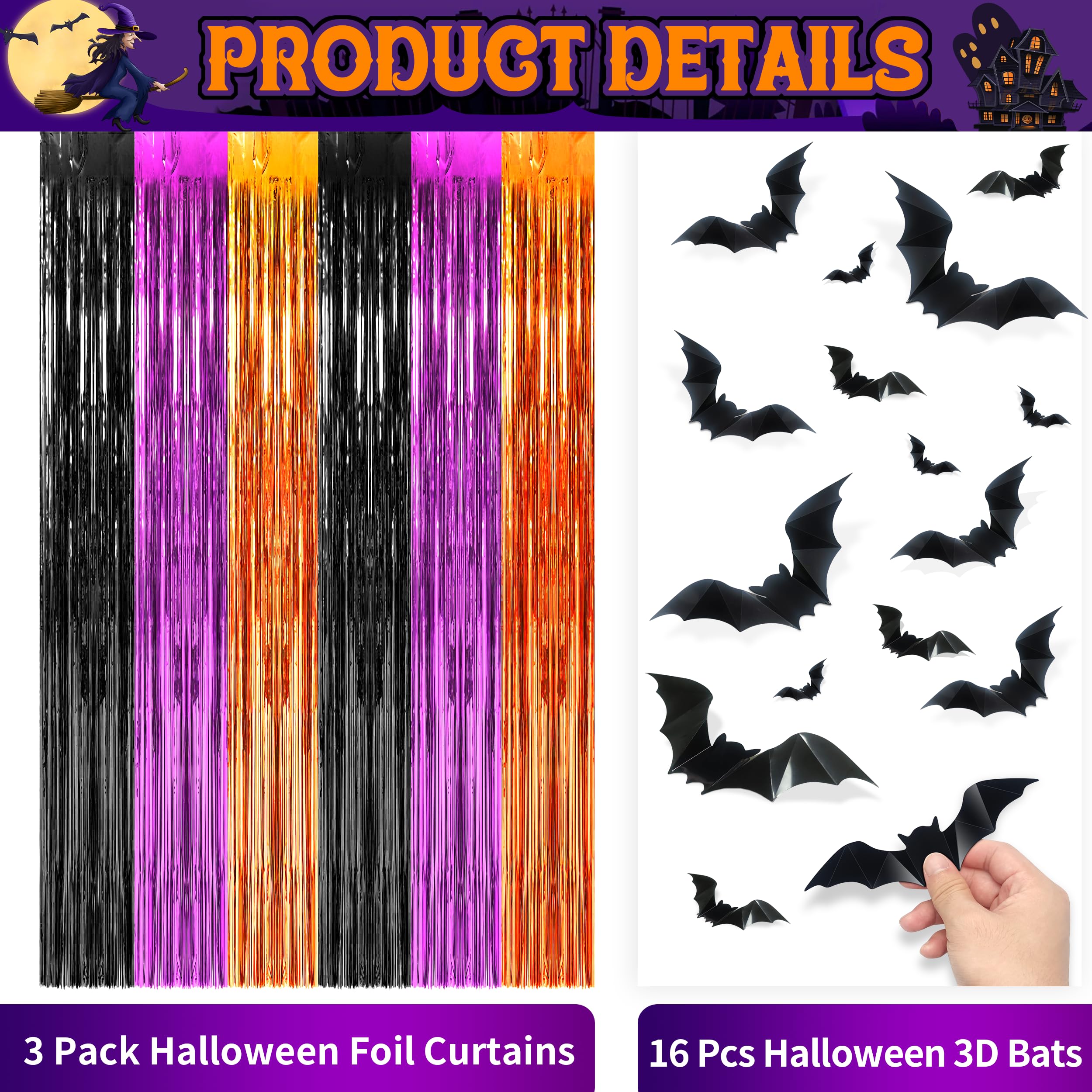 Algpty 3 Pack Halloween Foil Curtains Backdrop With 16 Pcs Halloween Bats, 3.3 X 6.6Ft Orange Purple Black Metallic Tinsel Foil