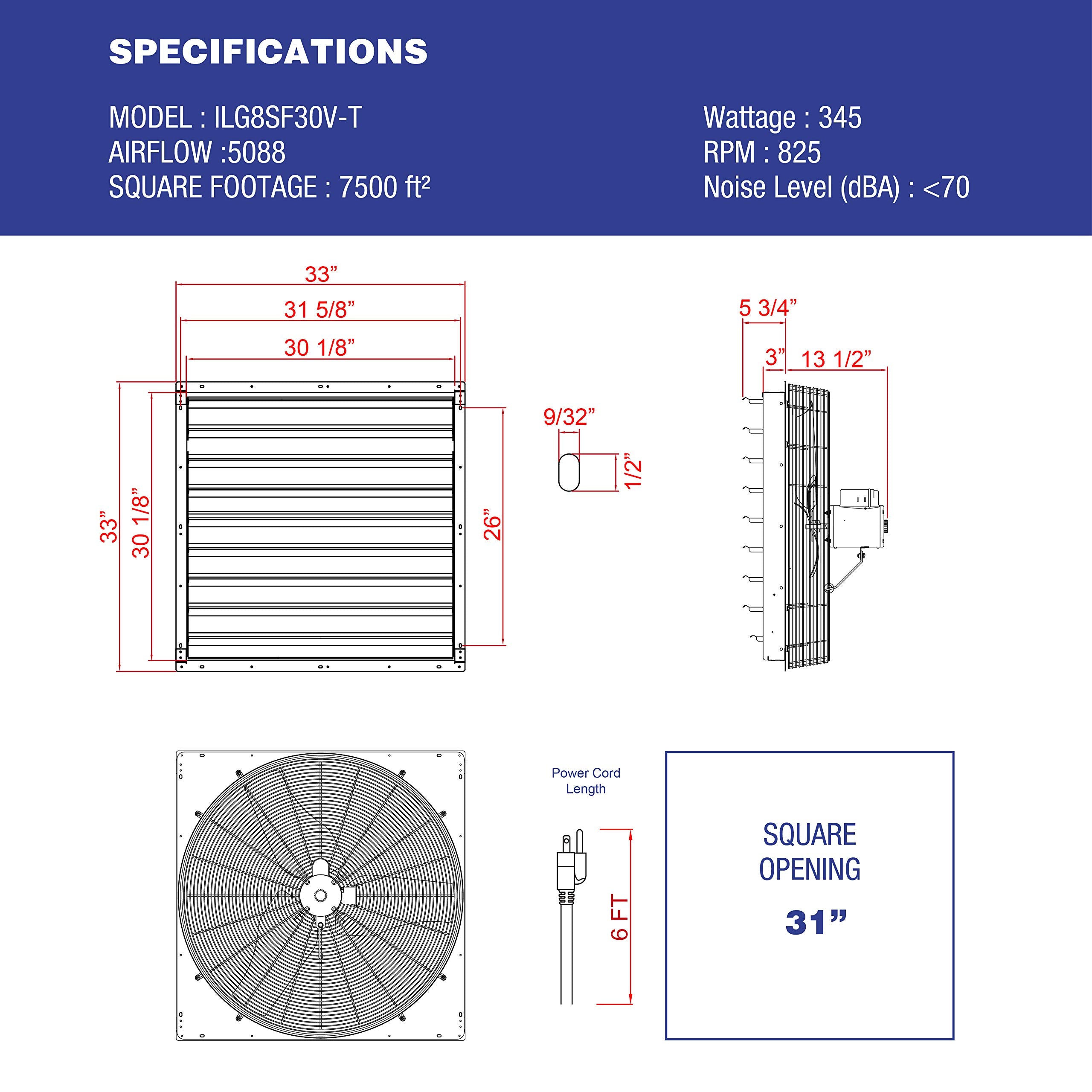 Iliving 30'' Wall Mounted Shutter Exhaust Thermostat Control 2 Speeds Vent Fan For Home Attic, Shed, Or Garage Ventilation, 5088