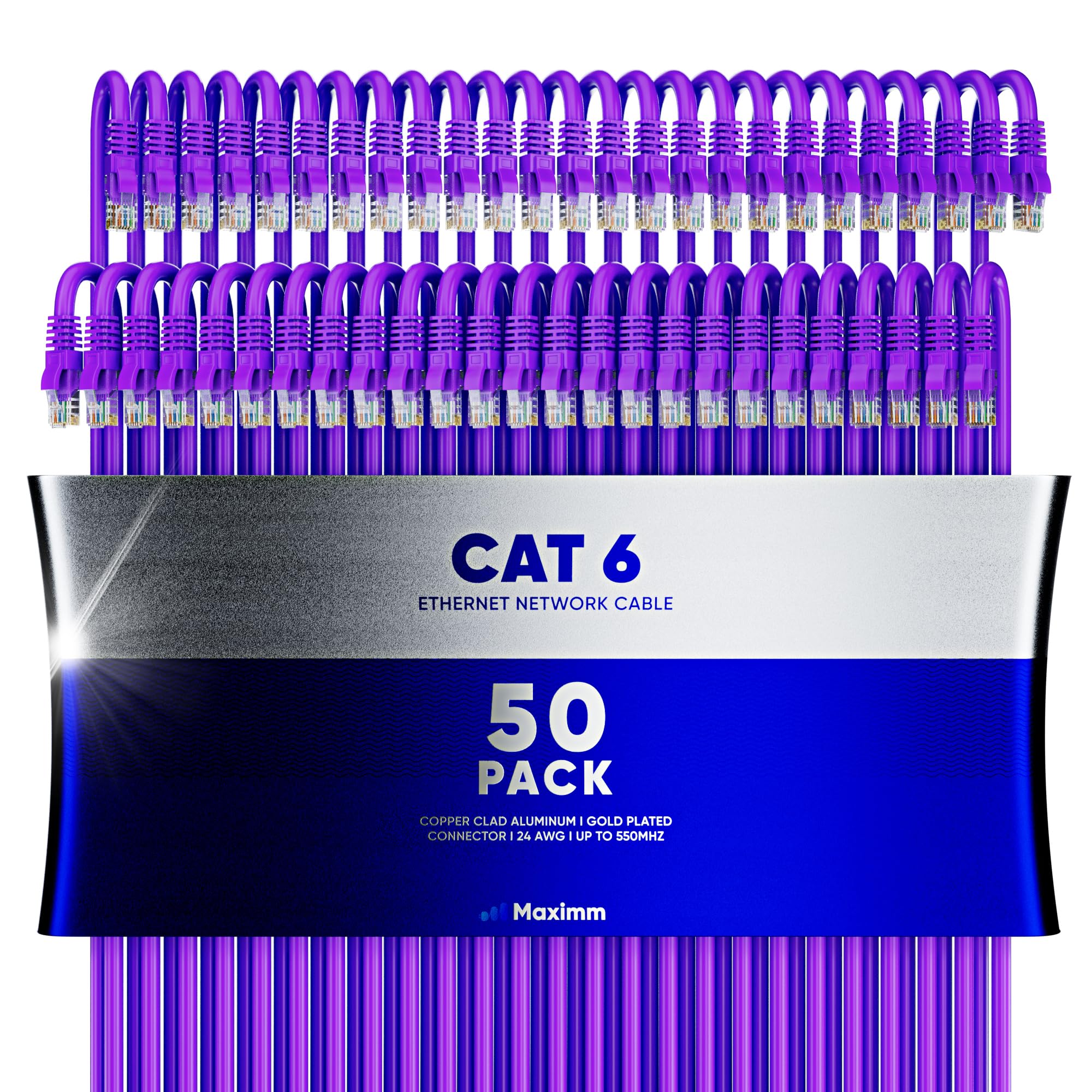 Maximm Cat 6 Ethernet Cable 5 Ft (50 Pack)   High Speed Lan Cable, Internet Cable, Patch Cable, And Network Cable   Utp, 10Gbps, 550Mhz Ethernet Cord   Purple