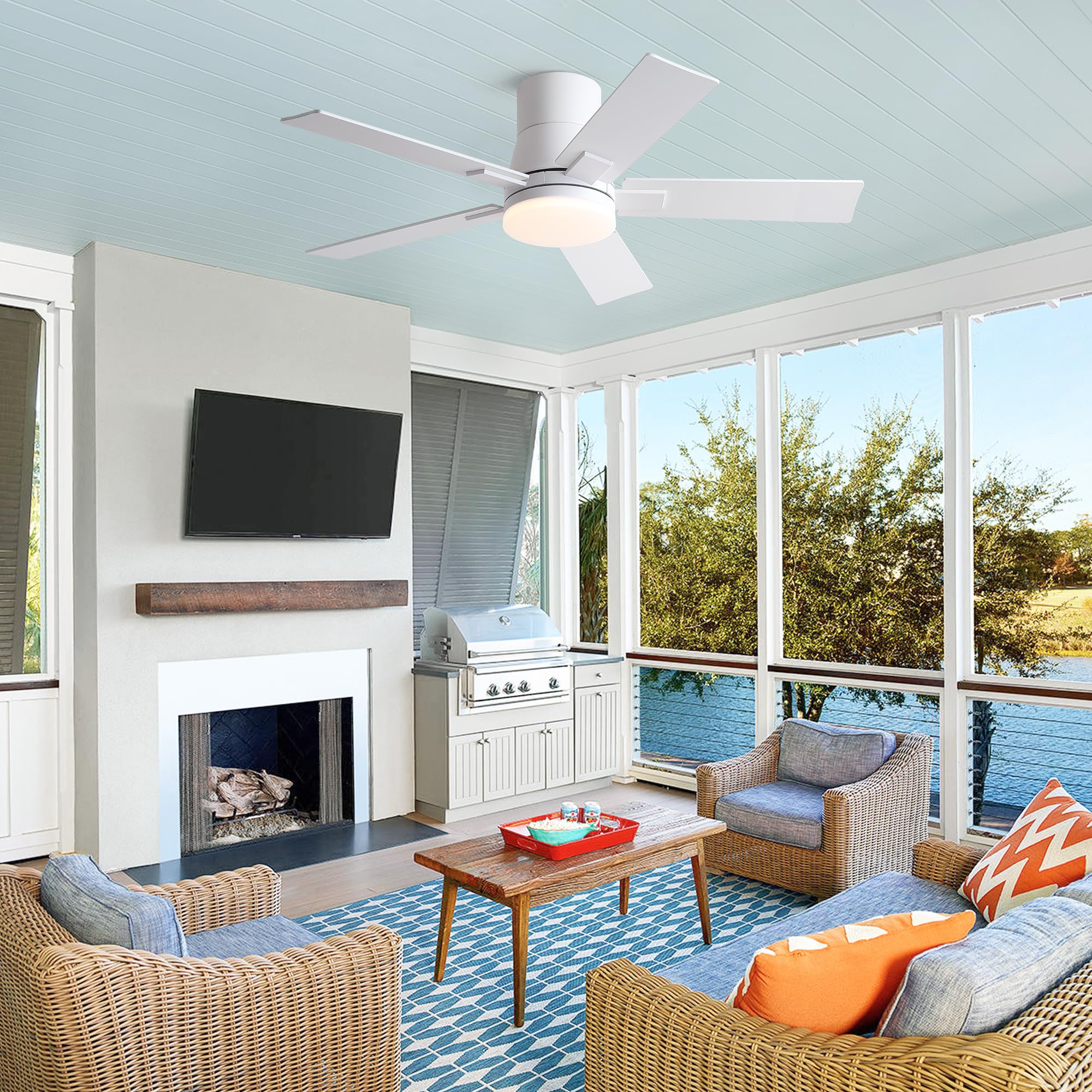 42 Inch Ceiling Fans With Lights And Remote,Flush Mount White Ceiling Fan With 5 Blades,6 Speed Reversible Dc Motor,3Cct Dimmabl