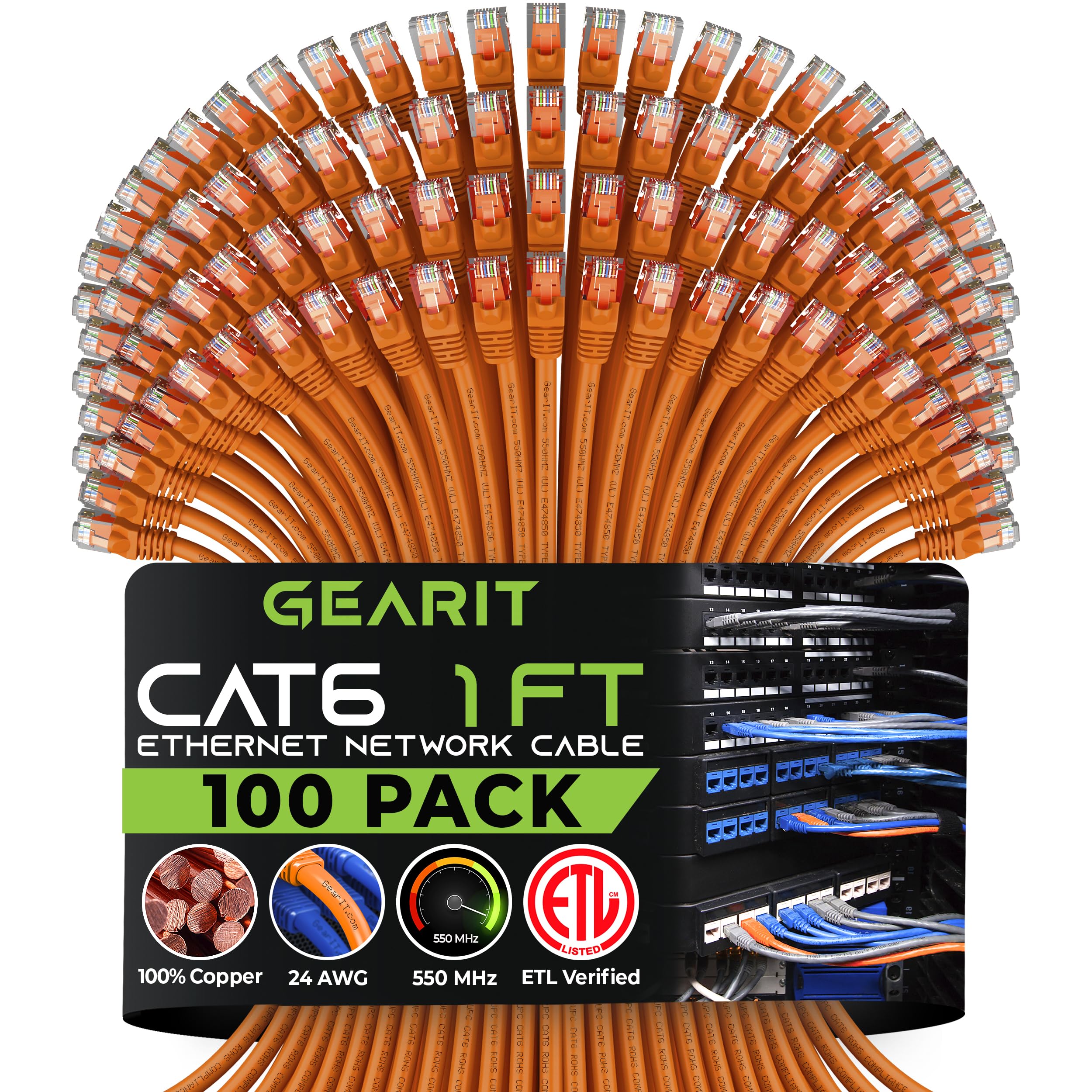 Gearit 100 Pack, Cat 6 Ethernet Cable Cat6 Snagless Patch 1 Foot   Snagless Rj45 Computer Lan Network Cord, Orange   Compatible