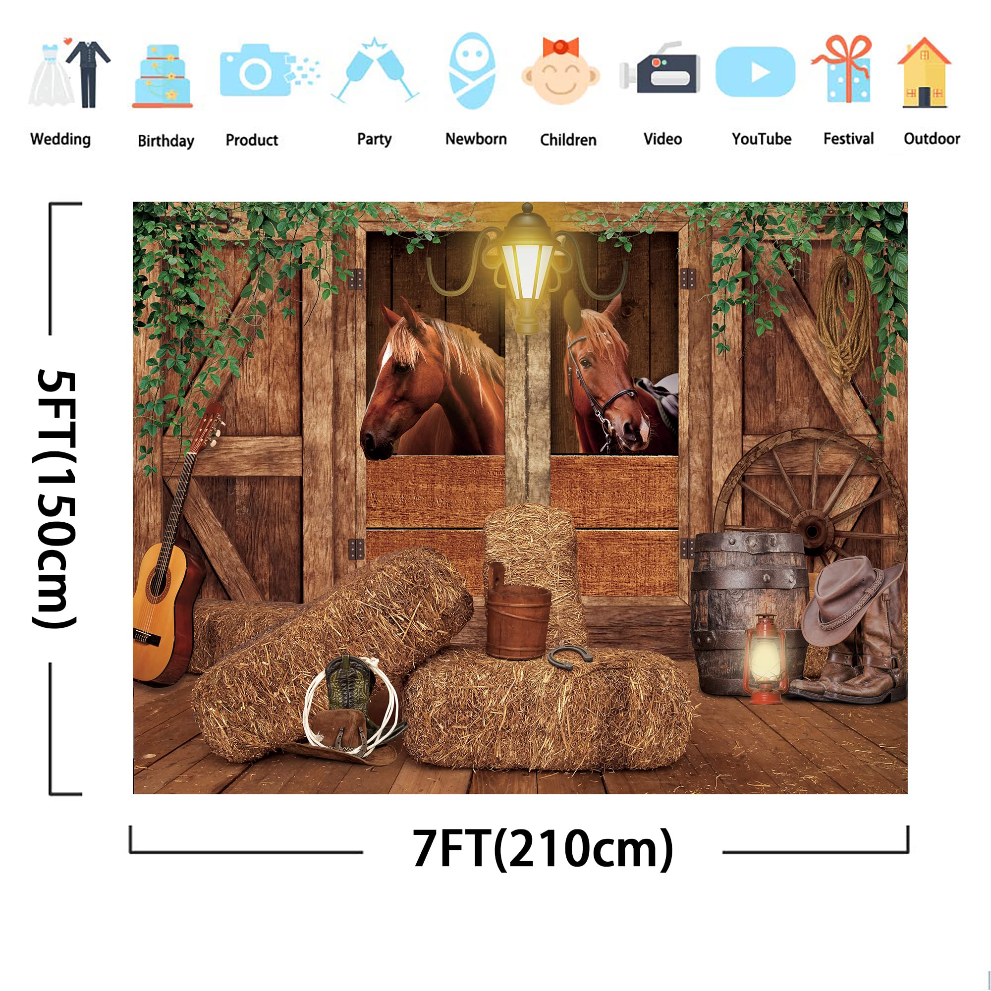 Svbright Western Cowboy Backdrop Stable Backdrop 7Wx5H Garage Door Wild West Horse Brown Barn Door Old Wood Wheels Boy Man Birth