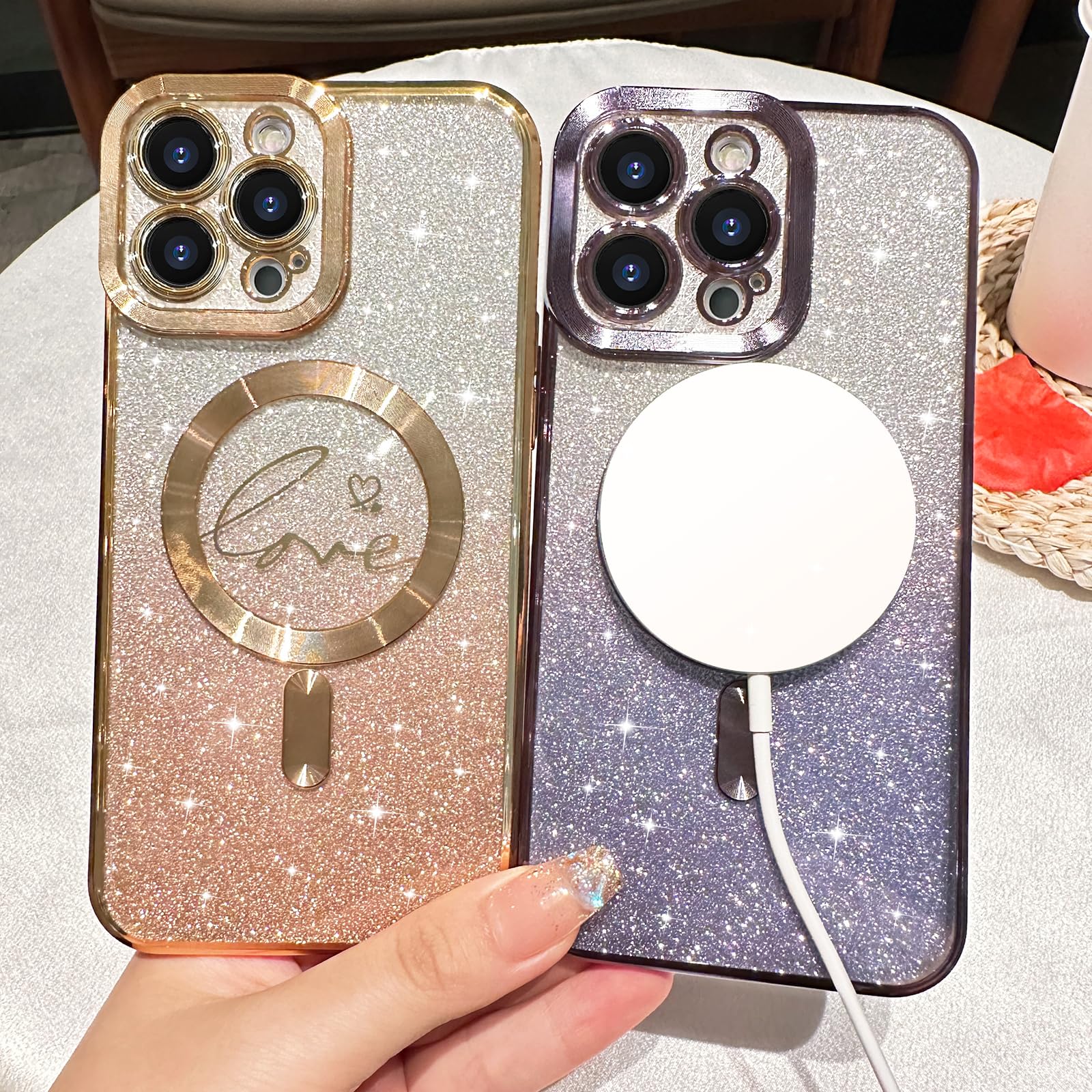 Hython For Iphone 12 Pro Case Glitter, Clear Magnetic Phone Cases With Luxury Love Heart Pattern [Compatible With Magsafe] Bling