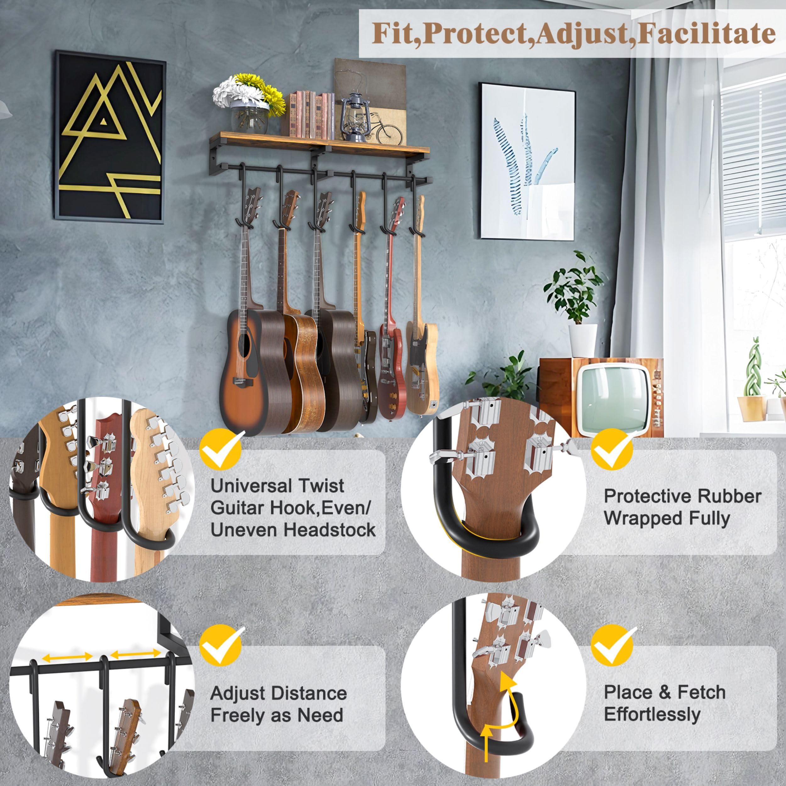 Keebofly Multiple Guitar Wall Mount Hangers With 6-Detachable Hooks & Rustic Shelf - Universal Fit For Acoustic, Electric, Bass