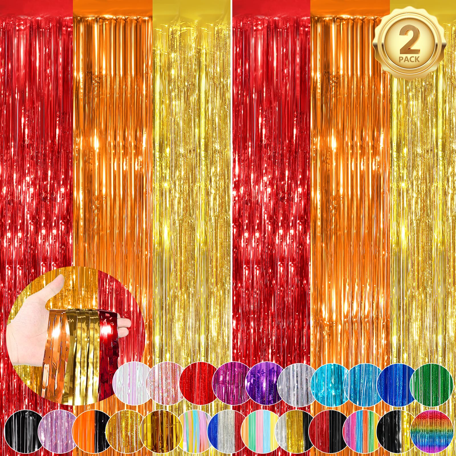 Red Orange Gold Fringe Curtain Party Streamers 2Pack 3.3X8.3 Ft Foil Fringe Backdrop Curtains For Birthday Wedding Bridal Baby S