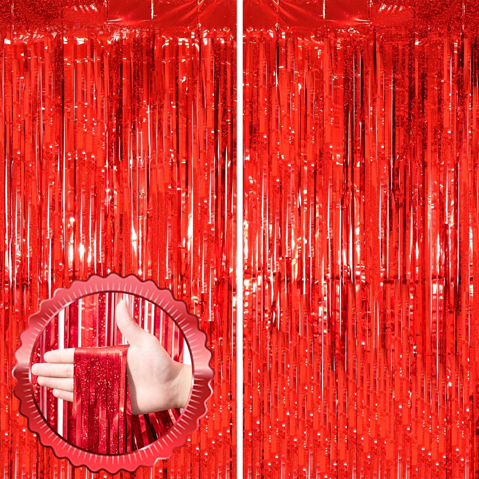 Voircoloria 2 Pack Red Tinsel Foil Fringe Curtains, Red Party Decorations, Metallic Tinsel Party Streamers Backdrop For Birthday