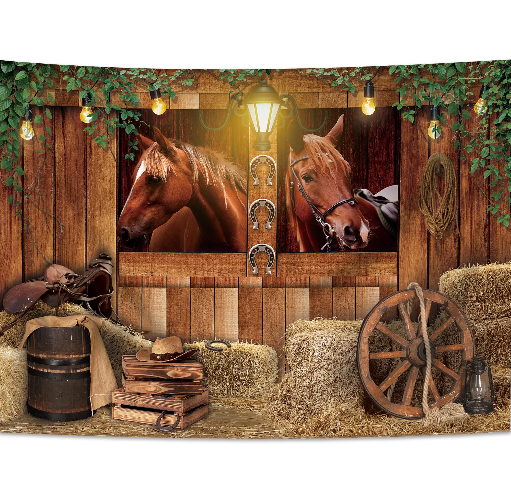 Svbright Western Cowboy Backdrop 7Wx5H Farmhouse Wooden Stable Brown Country Horse Barn Door Old Wood Wheels Boy Man Birthday De