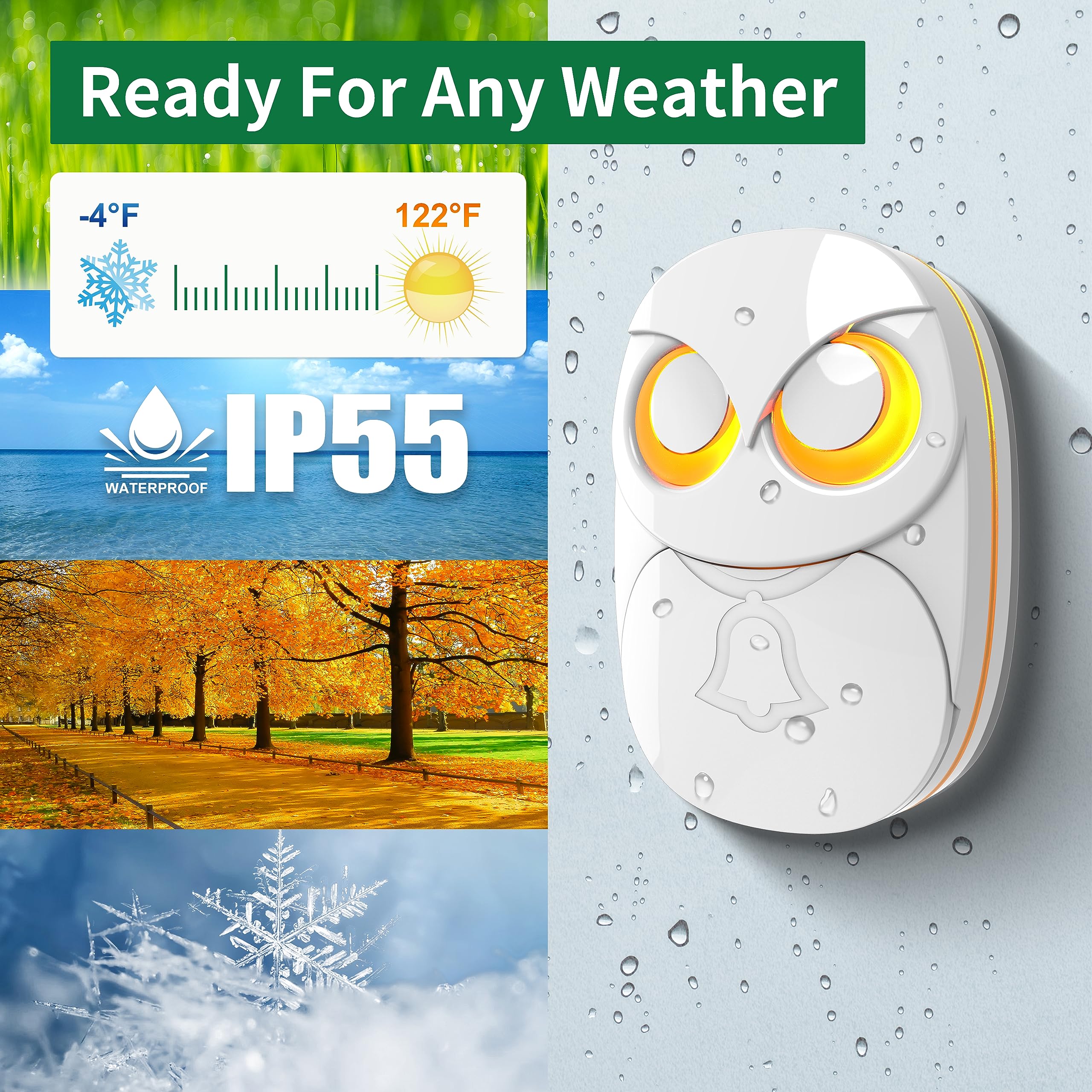 Wireless Doorbell,Htzsafe Doorbell,1 Receiver + 2 Transmitters   White