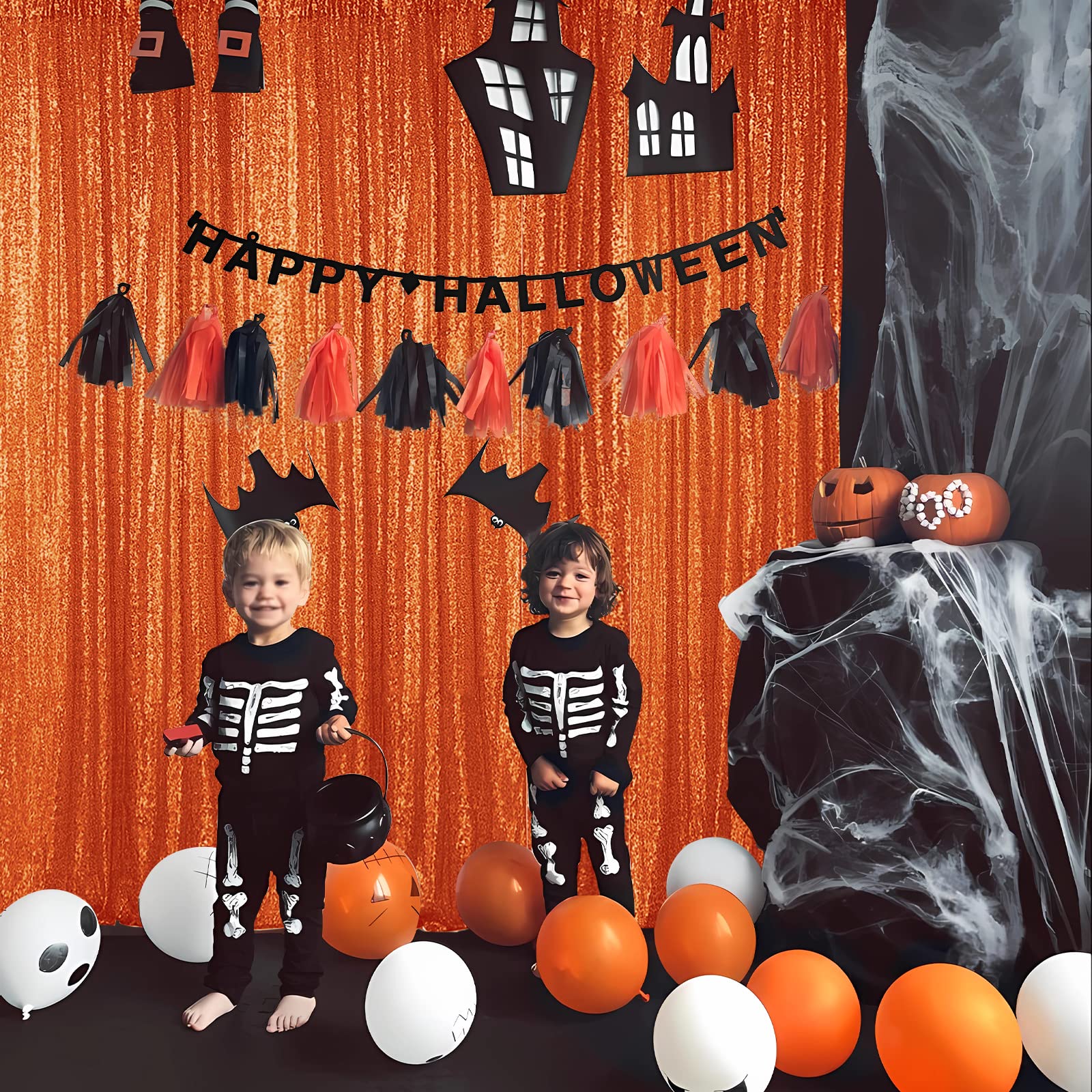 Hahuho Orange Sequin Backdrop Curtain, Halloween Glitter Backdrop Curtain For Parties, Christmas, Wedding, Party Decoration(4 Pa