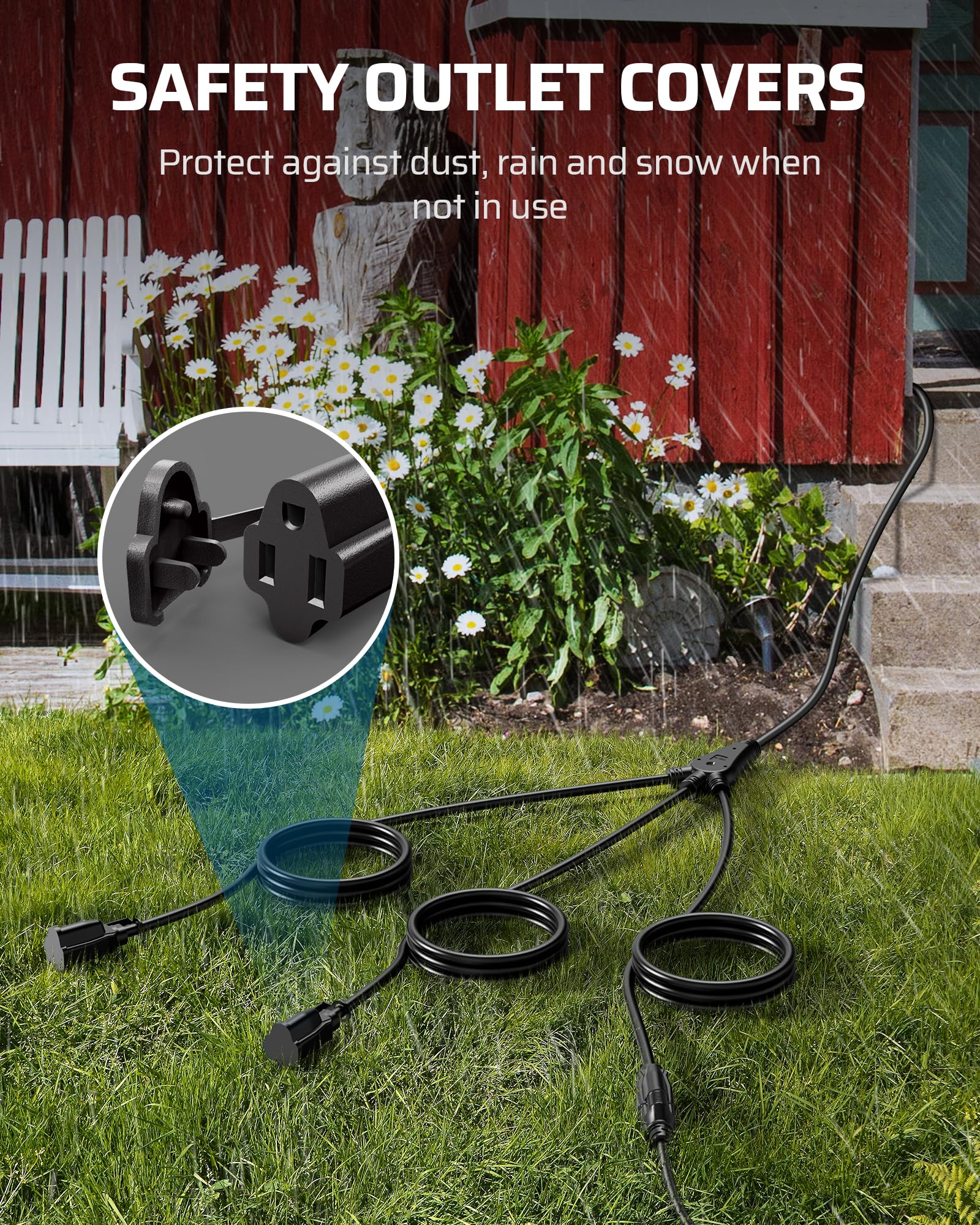 Dewenwils Outdoor Extension Cord 1 To 3 Splitter For Outdoor String Lights, 3 Prong Outlets Plugs, Max 13Ft End To End (25 Ft To