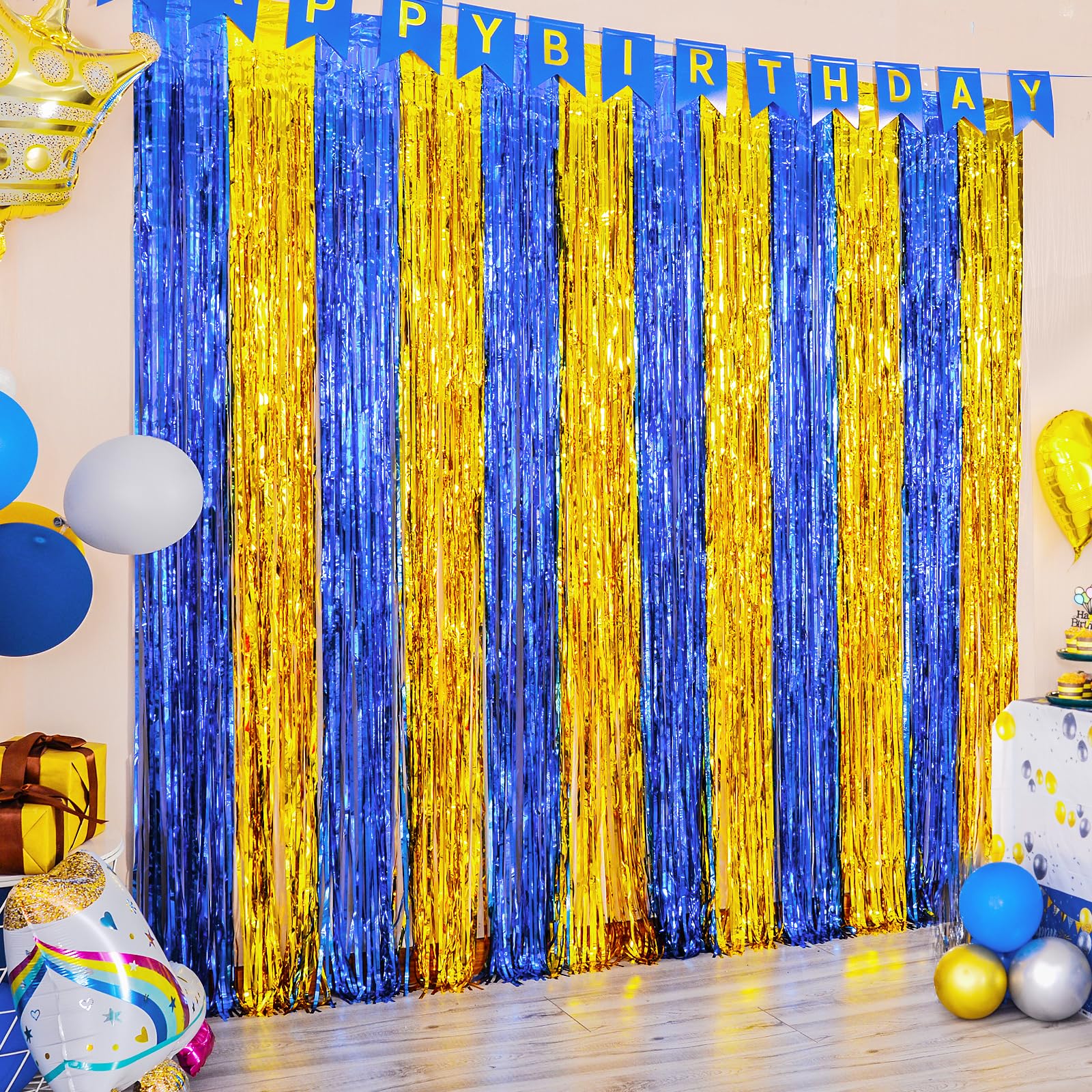 Lolstar 2 Pack Navy Blue And Gold Party Decorations, 3.3X6.6 Ft Foil Fringe Curtains, Tinsel Backdrop, Graduation Photo Booth Pr