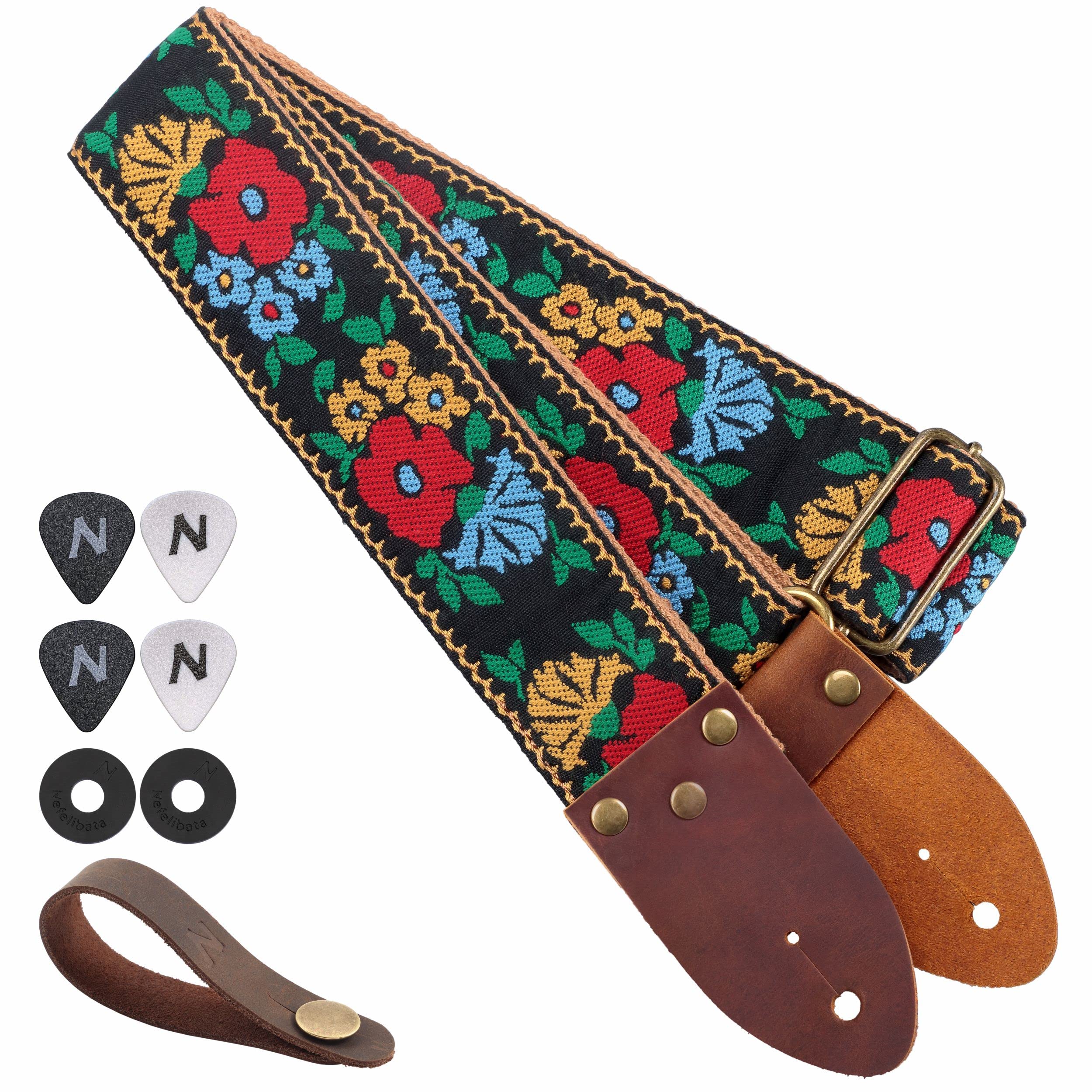Nefelibata Guitar Strap,Vintage Jacquard Embroidery Cotton Guitar Straps With Full Grain Leather Ends For Electric,Acoustic,Come