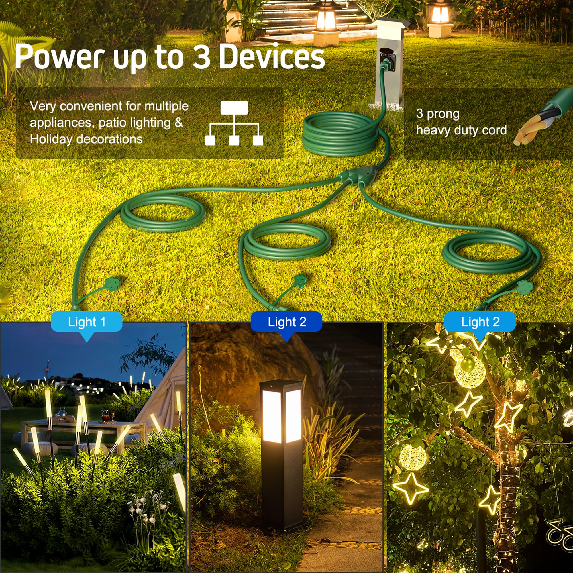 Eversimpleinc 1 To 3 Splitter Extension Cord (Combined 25 Ft, End To End 13 Ft), 3 Prong Plug With 3 Extended Outlets, With Weat