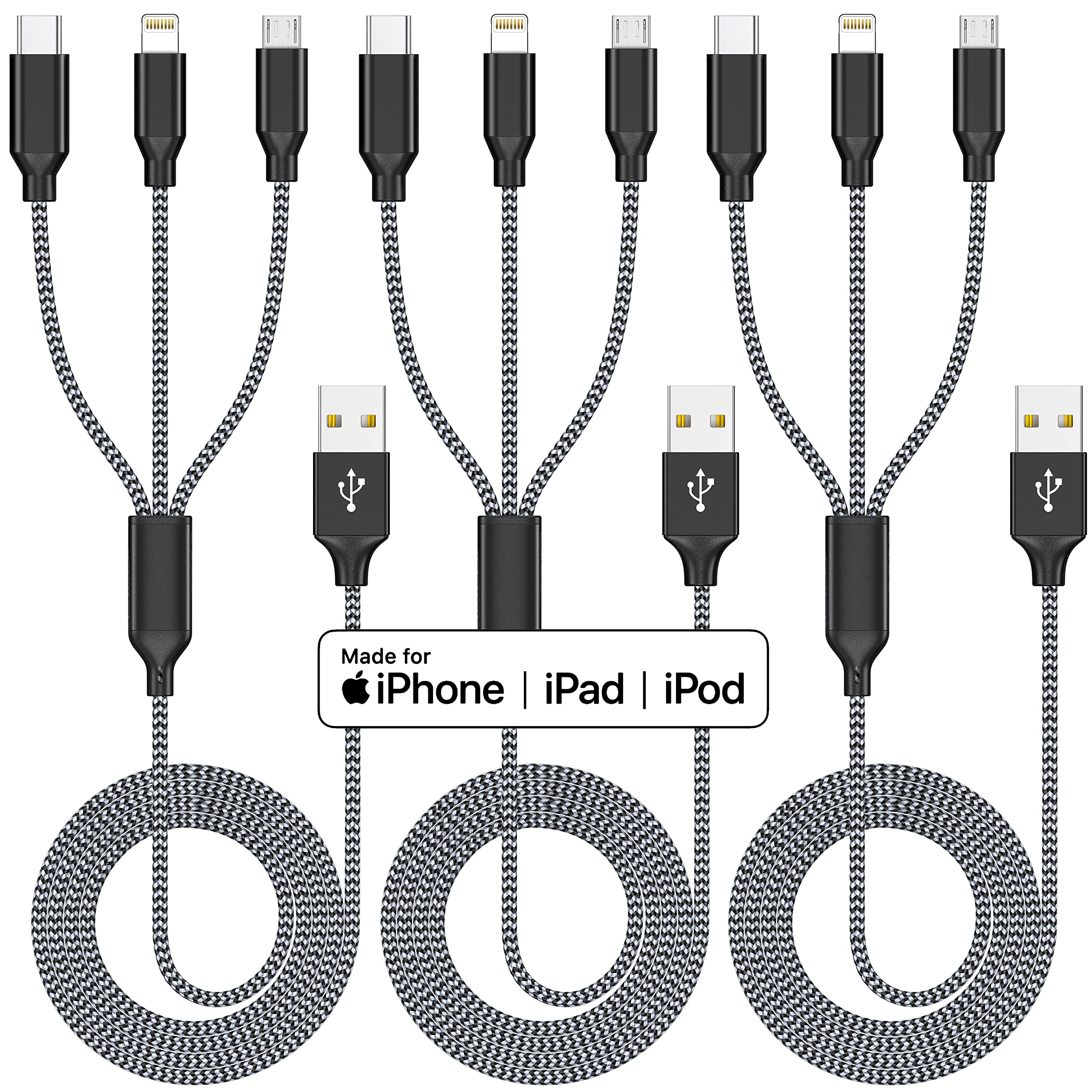 Multi Charging Cable 3Pack 4Ft Multiple Charger Cable Rapid Nylon Braided Cord Usb Charging Cable 3 In 1 Multi Phone Charger Cord With Type C Micro Lightning Usb Connectors For Cell Phones