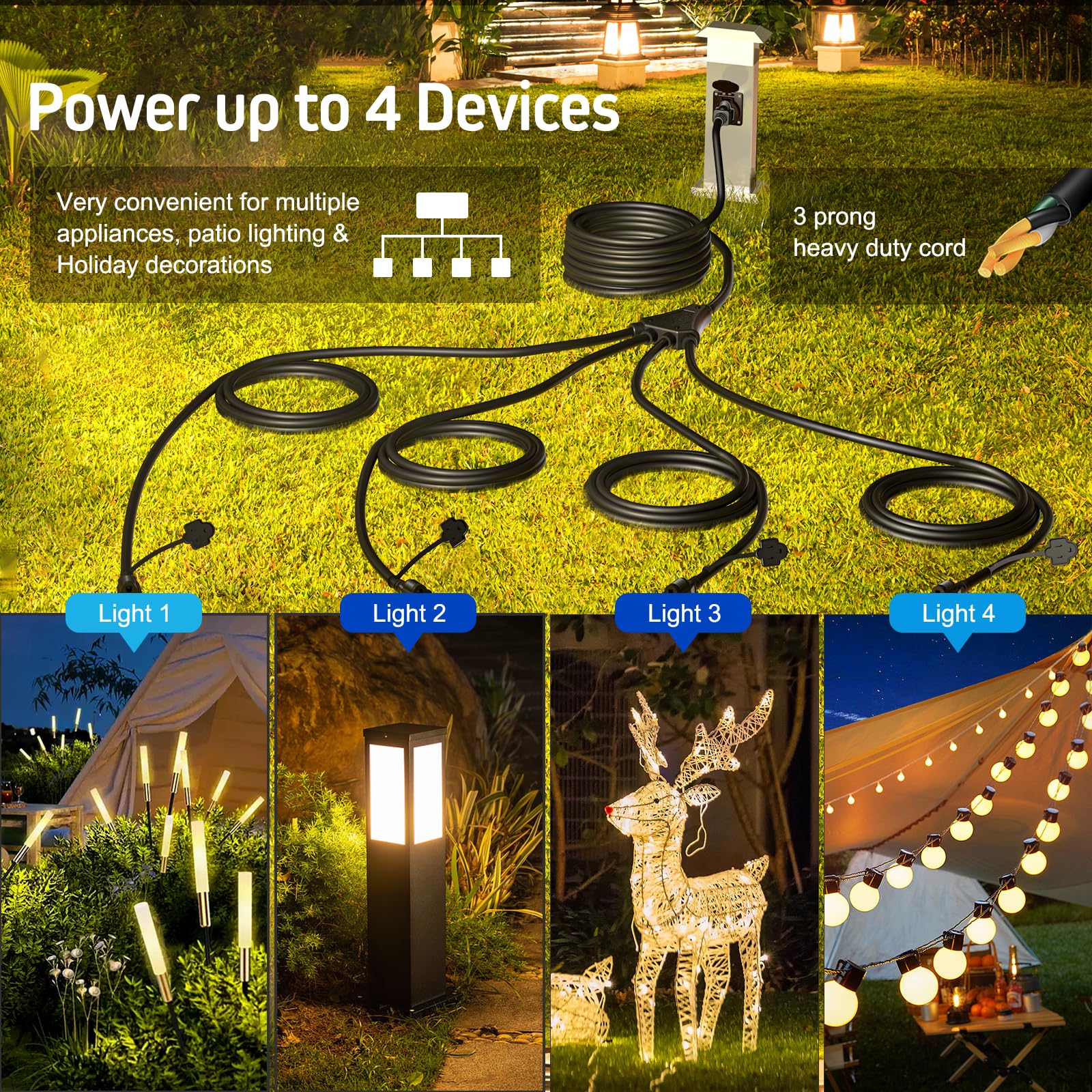 Eversimpleinc Black 1 To 4 Splitter Extension Cord (Combined 46 Ft, End To End 28 Ft), 3 Prong Plug With 4 Extended Outlets, Wit