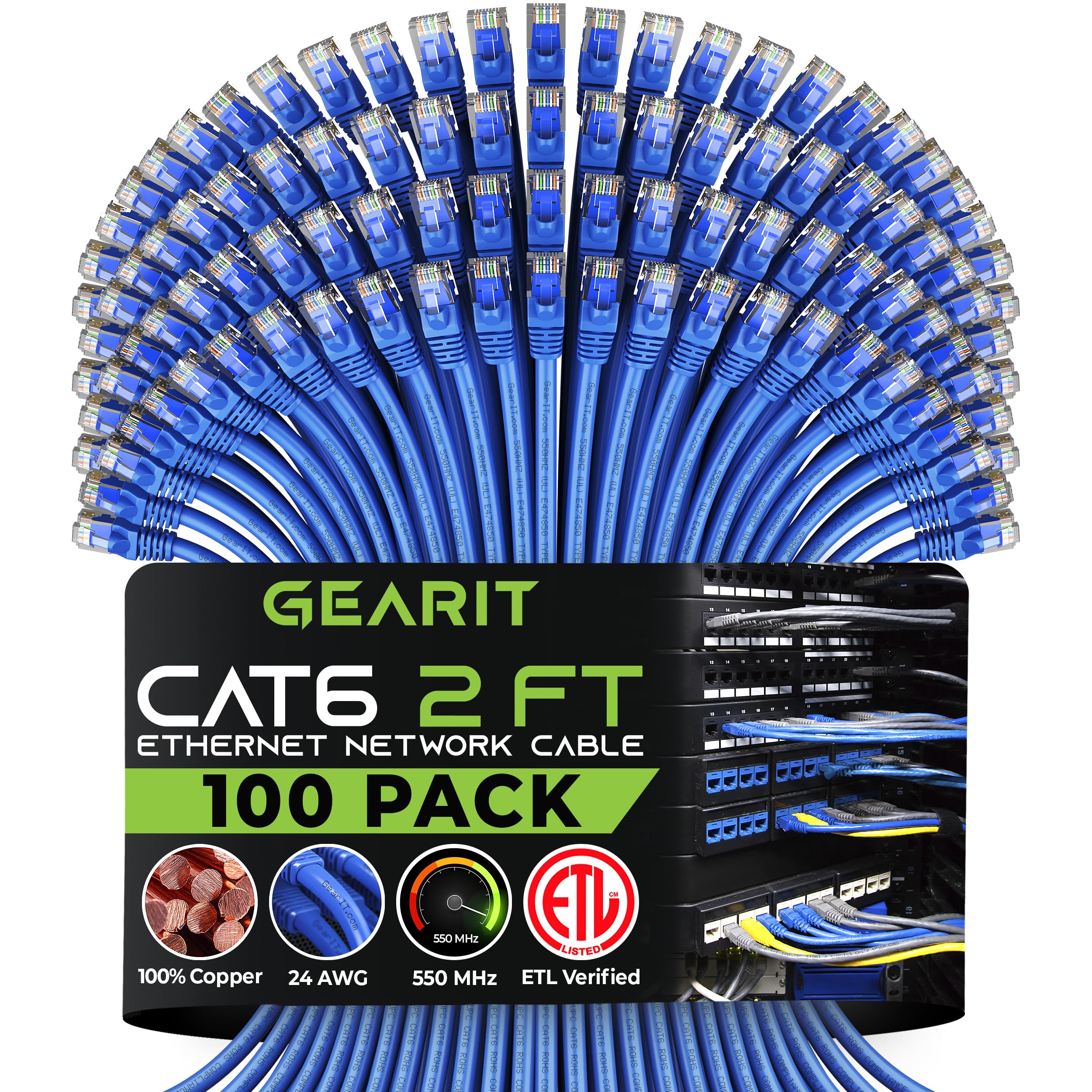 Gearit 100 Pack, Cat 6 Ethernet Cable Cat6 Snagless Patch 2 Feet   Snagless Rj45 Computer Lan Network Cord, Blue   Compatible Wi