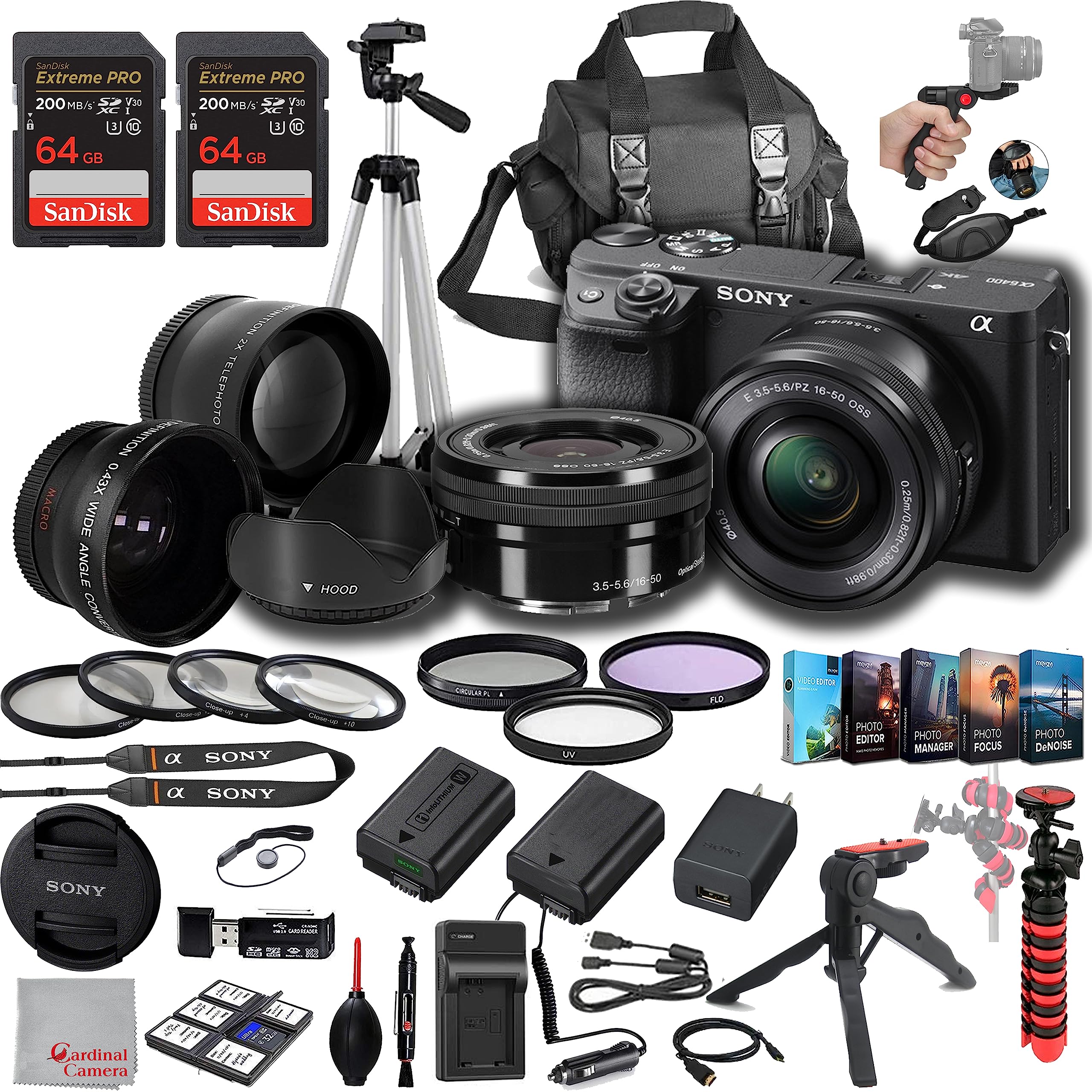 Sony a6400 Mirrorless Camera with 16-50mm Lens, 128GB Extreem Speed Memory,.43 Wide Angle & 2X Lenses, Case,Tripod, Filters, Hoo