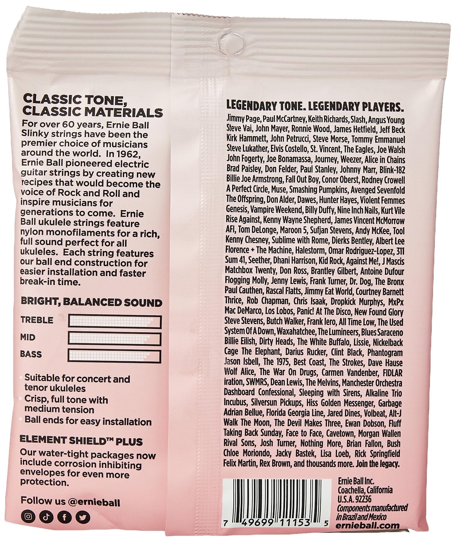 Ernie Ball Concert & Tenor Nylon Ball End Ukulele Strings Wound G, Clear (P02330)