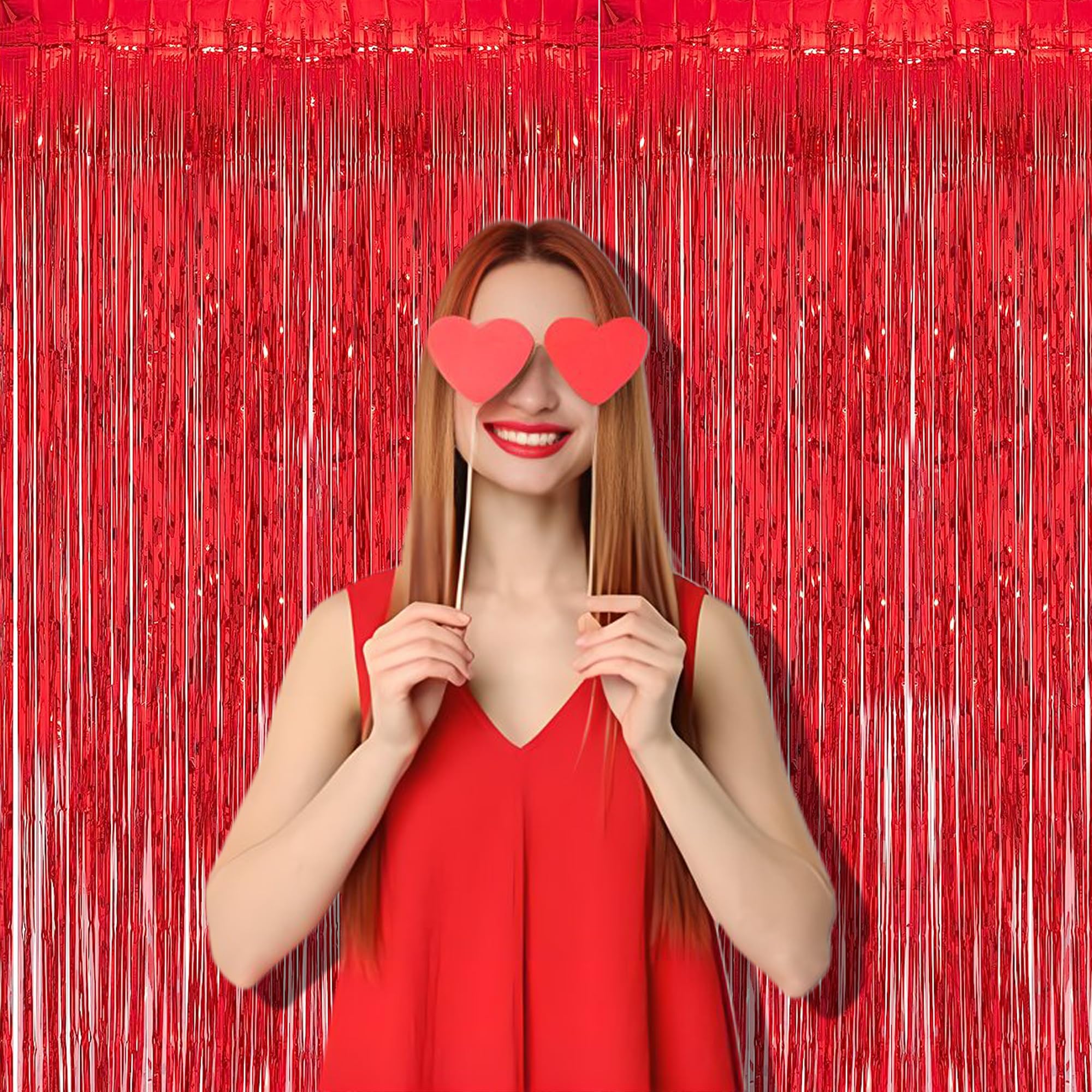 Foil Fringe Curtain Christmas Party Decorations - Red Metallic Tinsel Photo Booth Backdrop Party Steamers Curtains For Christmas